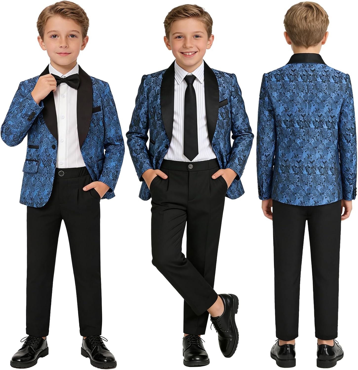 Boys Jacquard Suit 4 Pieces Slim Fit Tuxedo Fancy Suits for Boy with Floral Jacket Pant Tie Bow Tie for Wedding Prom Party