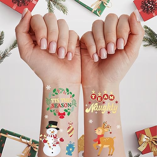 Miniatura 3 de Decoraciones de Navidad, tatuajes temporales, 52 estilos de purpurina para niños, equipo travieso, bonito recuerdo de fiesta de Navidad, árbol de