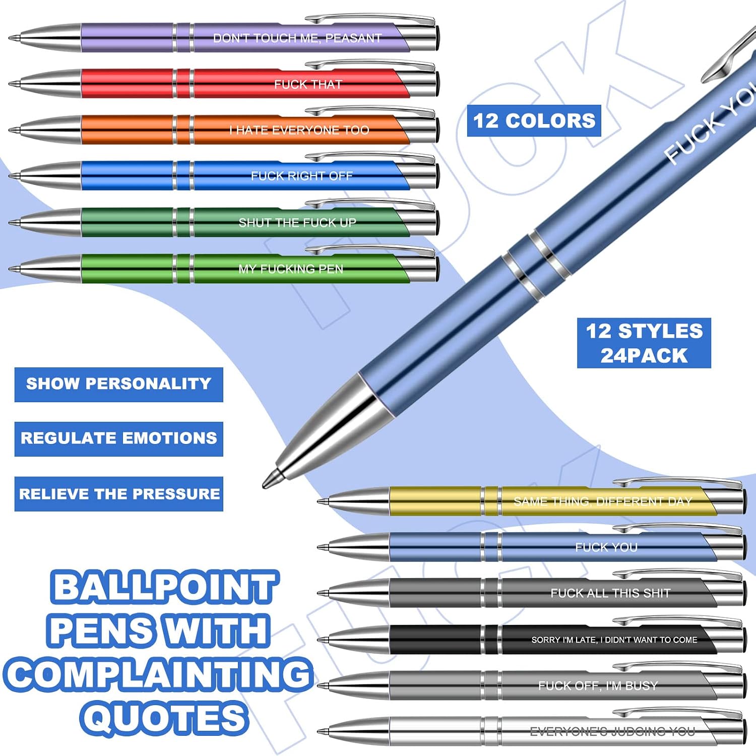 24 Snarky Office Pens Funny Ballpoint Pens Black Ink Pens Work Sucks Pen Set Insulting Complaining Quotes Pen Negative Passive Novelty Gifts for Colleague Coworker Gifts, Vibrant Color(Vibrant)