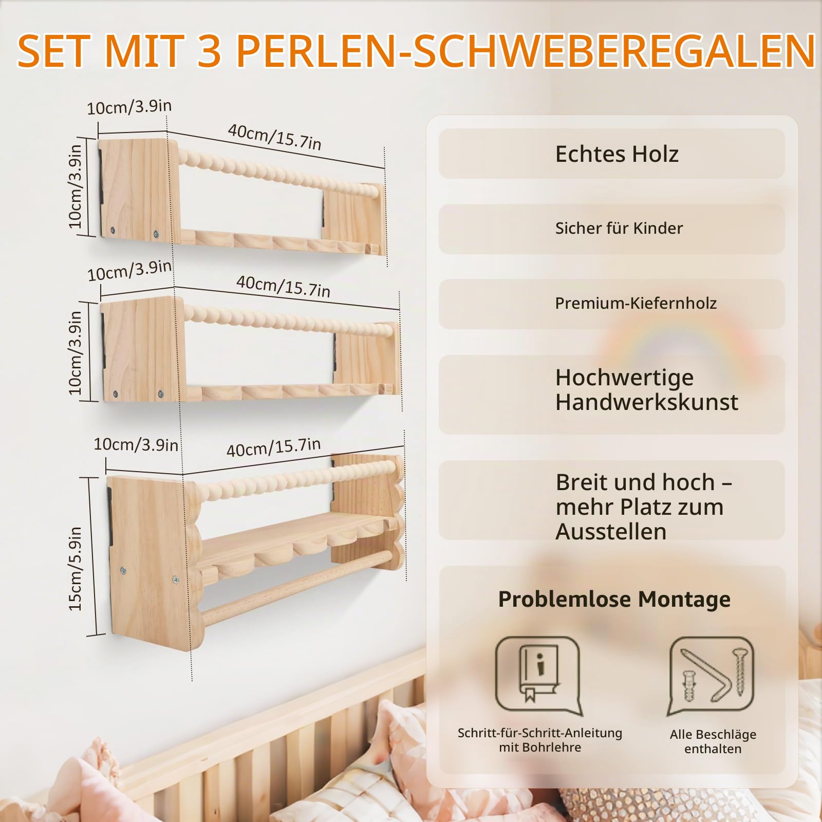 Wandregal Kinderzimmer Holz, 3er Set 40cm Bücherregal Kinder Wand mit Foto-Hängedisplay, Regal Kinderzimmer, Holz Wandregal Bücher Schweberegale für Babyzimmer Wohnzimmer Kinder Bad (Wolkenform)