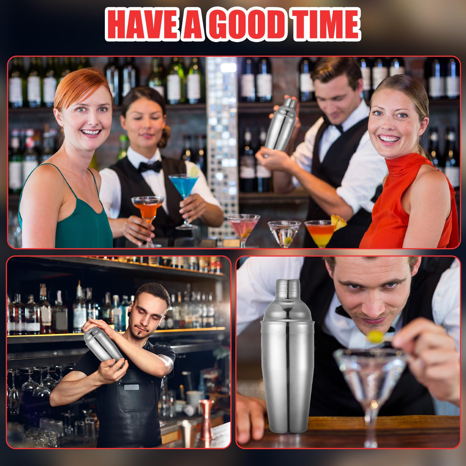 Nitial 6 cocteleras profesionales de acero inoxidable con colador integrado para camareros, coctelera Boston para bar, fiesta, herramienta de mezcla de bebidas (708.7 g, plateado)