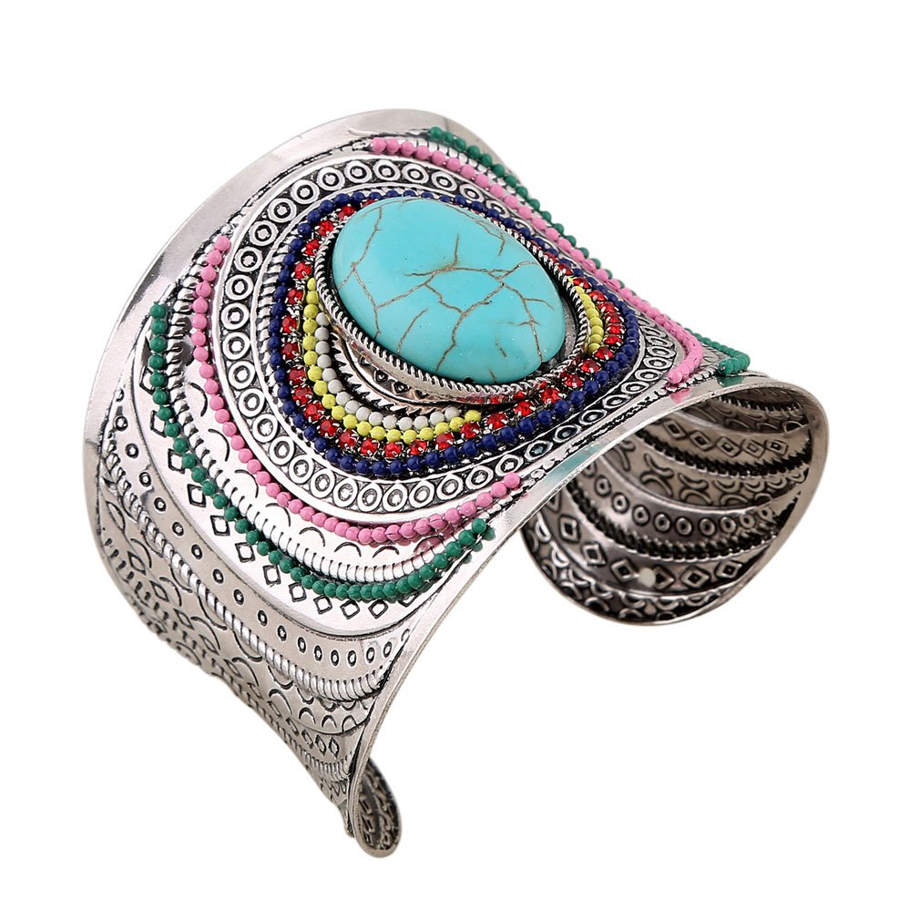 YAZILIND Women Bohemian Vintage Silver Turquoise Beaded Engrave Wide Grooved Open Cuff Bangle Retro Ethnic Bracelet Blue