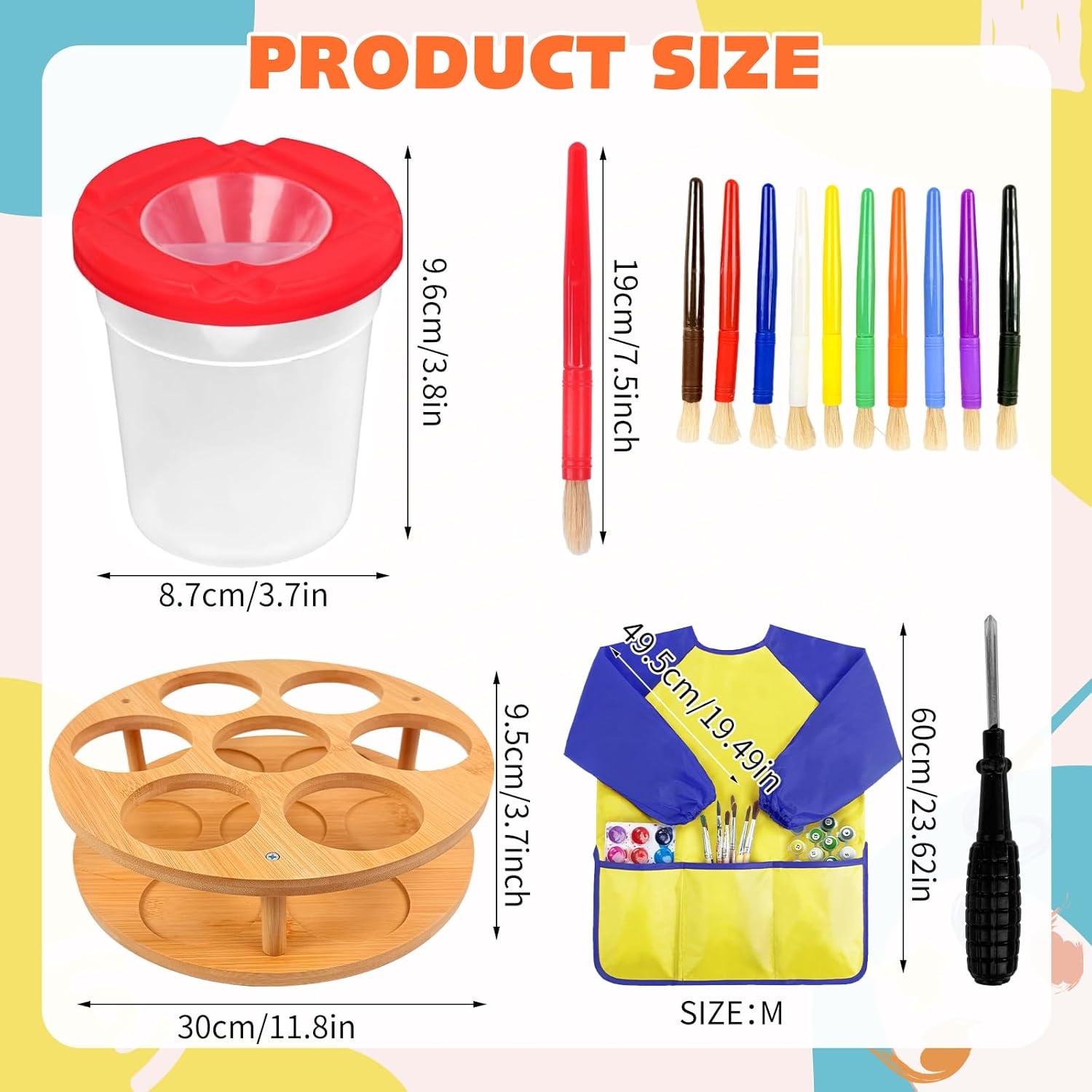 10 Pcs No Spill Painting Cups with Rotating Holder, Paint Cups with Lids for Kids, Paint Brush Cleaner Cup with Kids Art Smock, Paint Containers Arts and Crafts Supplies for Acrylic Paint, Watercolor