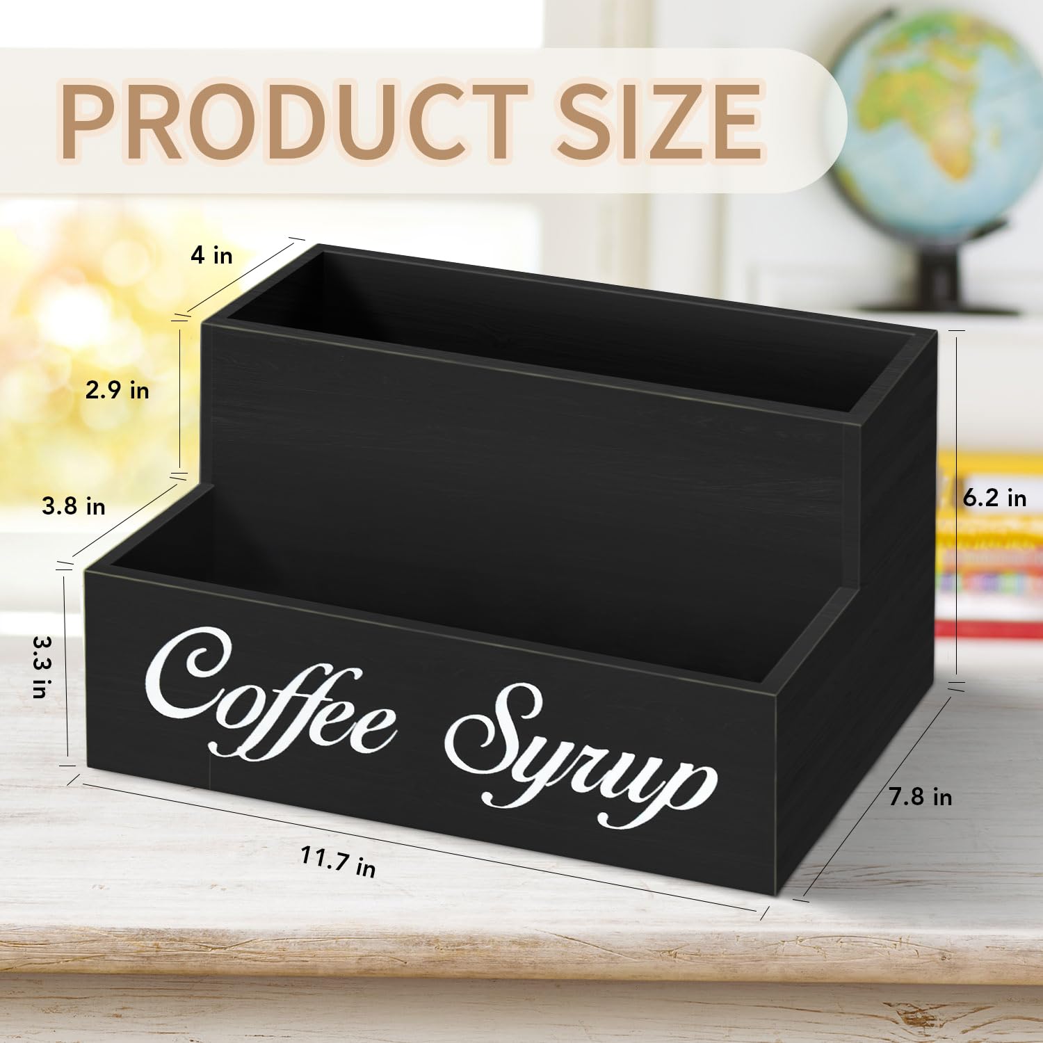 Countertop Coffee Station Organizer Coffee Bar Accessories, 2 Tier Coffee Syrup Organizer Rack, Wood Coffee Condiment Organizer 6 Syrup Bottles Dispenser Holder, Farmhouse Cup Holder for Coffee Lover