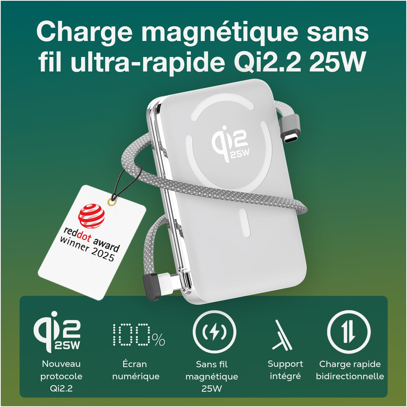 Batterie Externe Magnétique 10000mAh Qi2.2 25W Certifié – Chargeur Sans Fil à Charge Rapide – Câble USB-C 35W Intégré – Power Bank pour MagSafe – Pour iPhone 17/16/15/14/13 Pro/Max par WanderS – Blanc