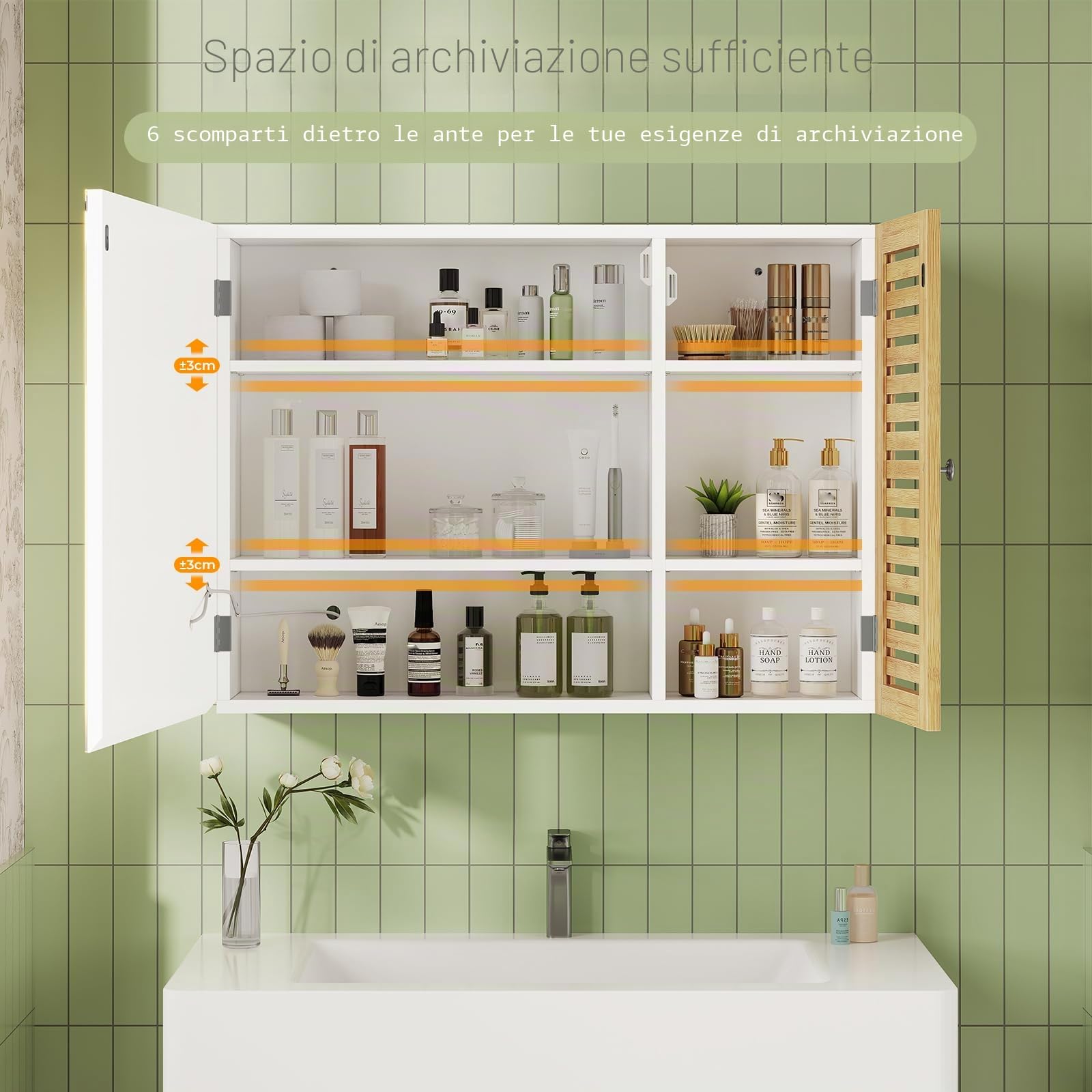 Specchio Bagno con 2 Ante, Specchiera Bagno con Illuminazione LED Dimmabile a 3 Temperature di Colore, Specchio Contenitore Bagno con 4 Ripiani Regolabili, 80×16×60 cm