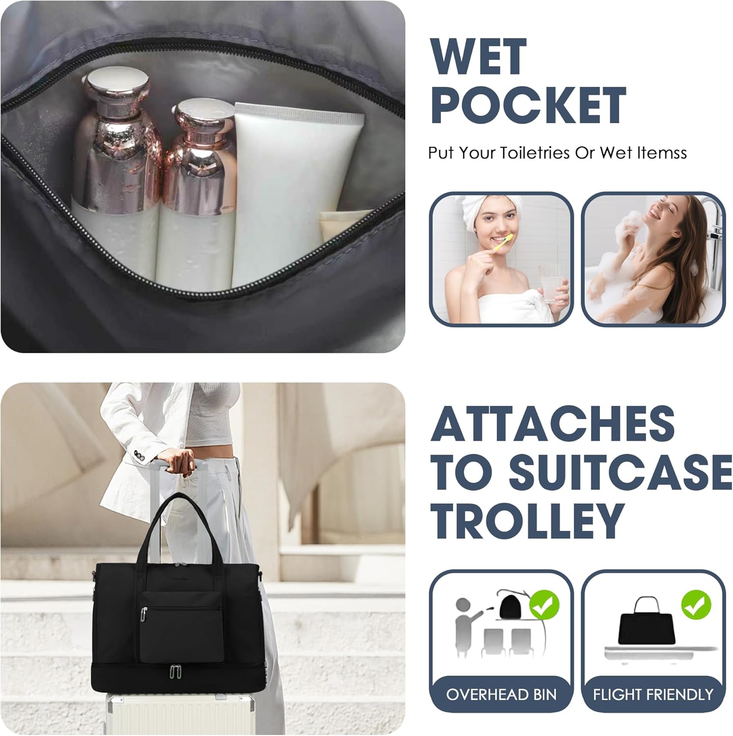 Women's Weekender bag Travel Duffel Bag with Shoe Compartment 21-inch Airline-Approved Carry-On, 2-Piece Overnight Bag Set Personal Item Luggage - Image 9