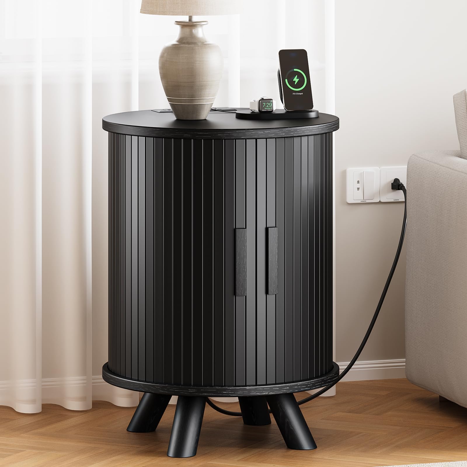 - Round End Table with Storage - Fluted Side Table with Charging Station, Wood Nightstand with Sliding Tambour Door for Bedroom, Accent End Tables Living Room, Modern Bedside Table, Black