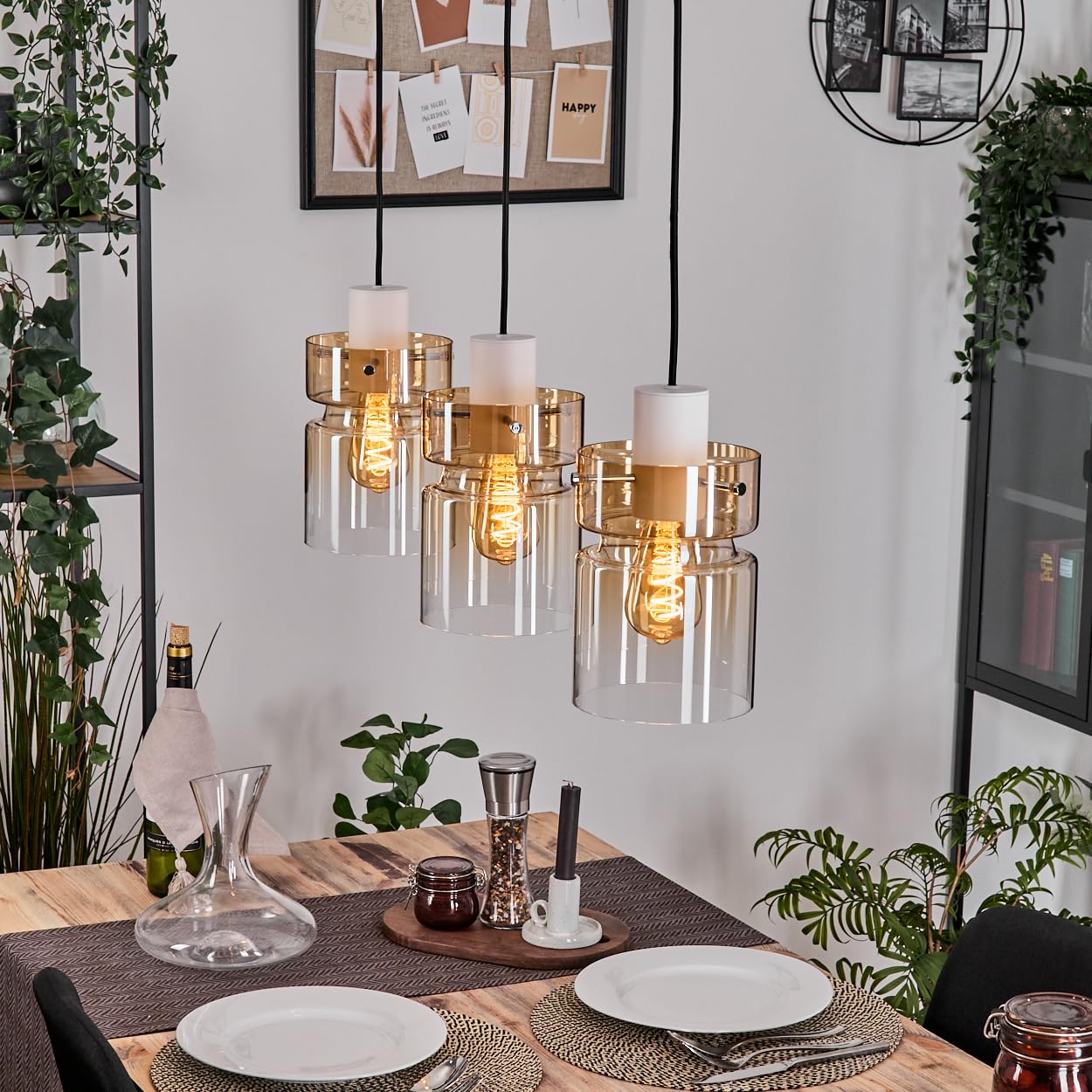 Lámpara de techo HOFSTEIN Hasvik, 3 luces de metal/vidrio en blanco/ámbar/claro, diseño retro/vintage (Ø 15 cm), E27, lámpara de techo ajustable hasta 150 cm, comedor, sala de estar, cocina