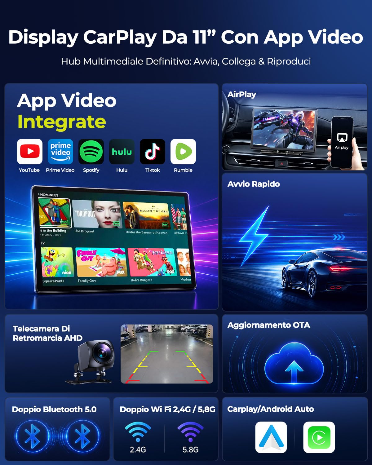 LAMTTO Carplay Wireless Schermo per Auto da 11 Pollici Con Video YouTube TikTok, Portatile Apple CarPlay & Android Auto Con Telecamera Posteriore/Navigazione/Touchscreen In-Cell/Assistente Vocale/OTA