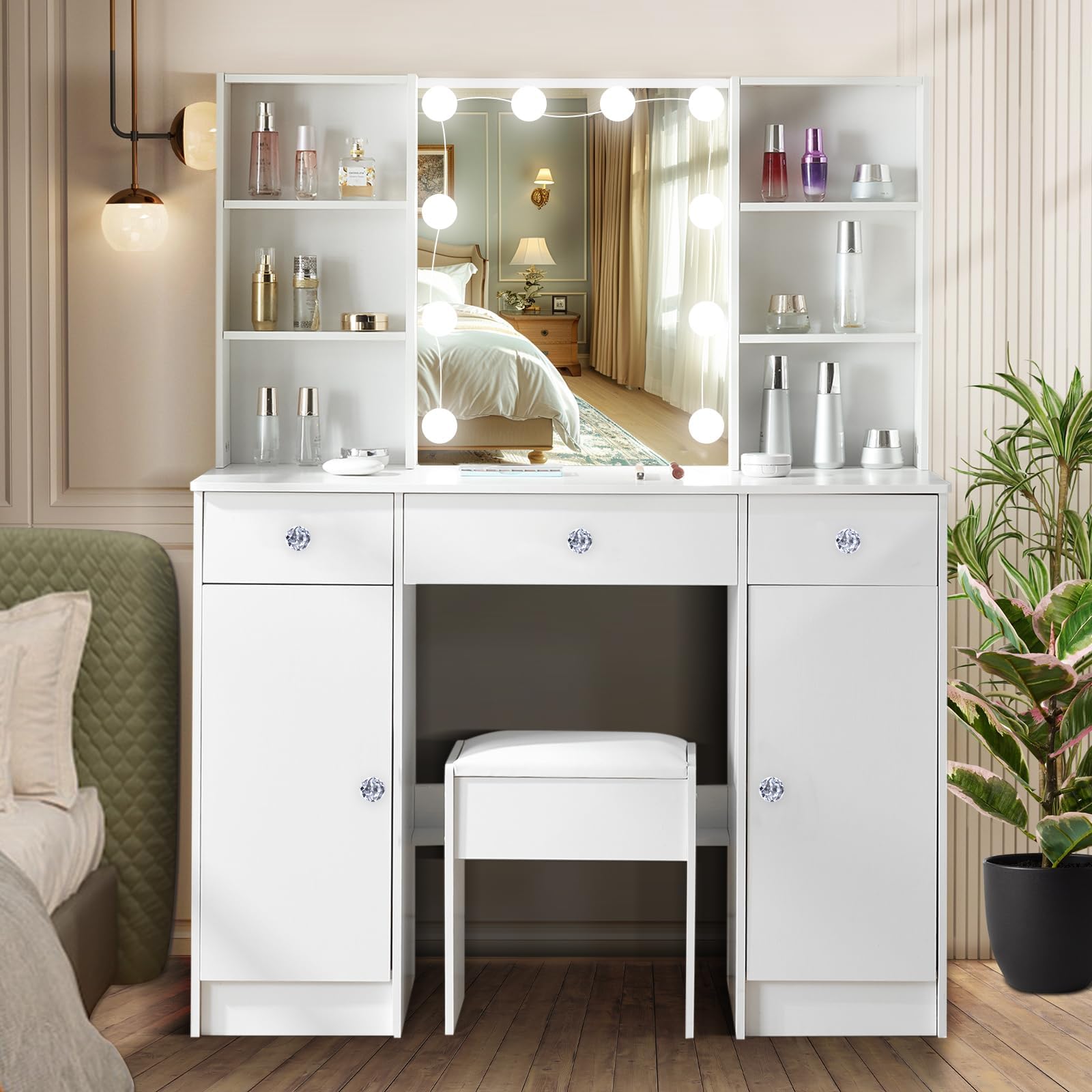 Dressing Table with Mirror and Lights, Vanity Table with Stool, Vanity Desk 5 Drawers and 6 Shelves, Adjustable Brightness White Makeup Desk 100 x 40 x140 cm