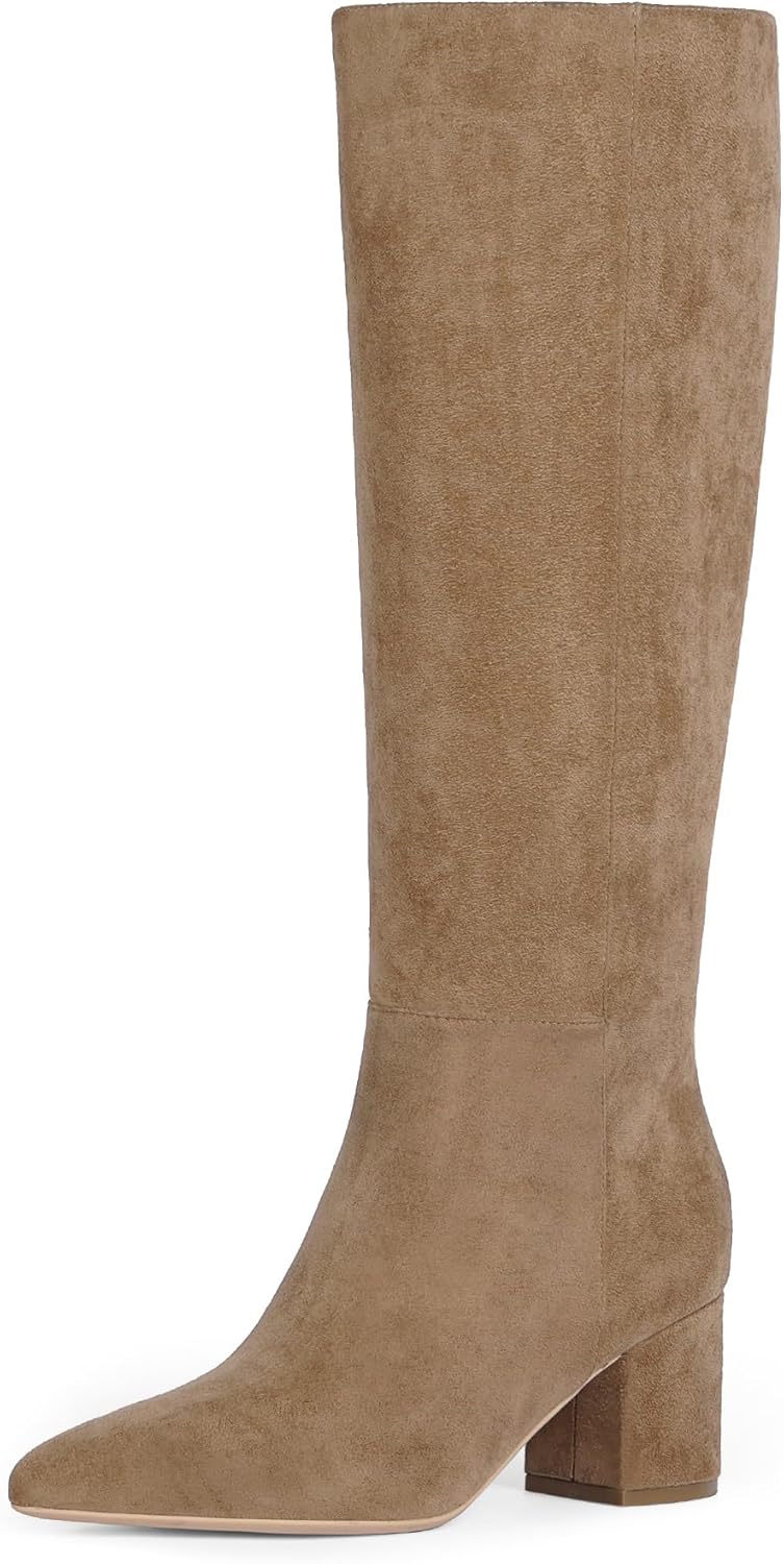 Knee High Boots for Women Chunky Heel Pointed Toe Boots Side Zipper Long Boots