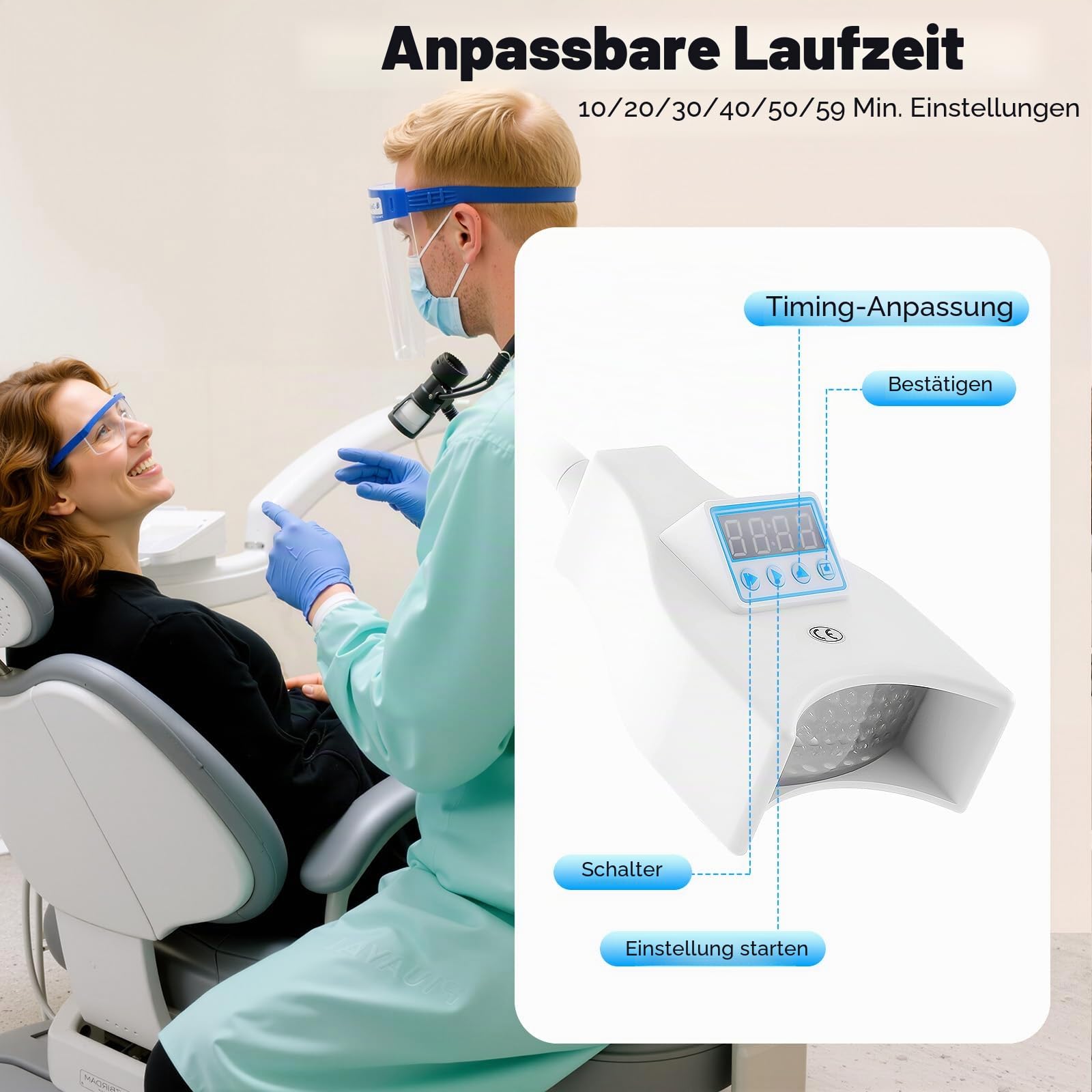 Bleaching Zähne, 21W 9000mcd Lichtintensität Dental Teeth Whitening Bleaching Lampe LED-Verjüngungs-Technologie, Zahnbleaching Set 465-470nm Wellenlänge Zahnarzt Instrumente 3fache Vergrößerung