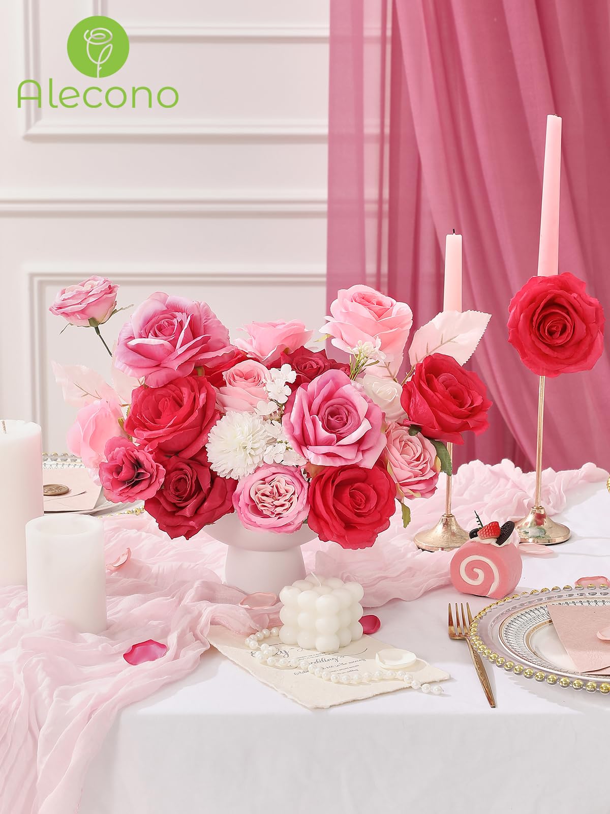 Alecono Artificial Flowers, Hot Pink Fake Flowers Combo Box with Stems for DIY Wedding Bridal Bouquets Cake Home Decor Indoor Outdoor - Image 2