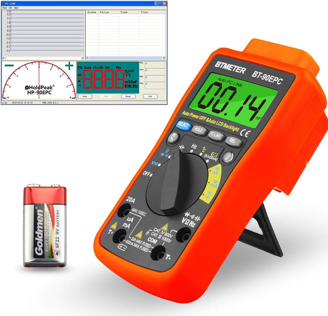 BTMETER BT-90EPC Digital Multimeter, Auto-Ranging AC/DC Volt Amp Ohm Temperature Electric Multi-Tester, w/USB to PC Link Sync for Data Logging