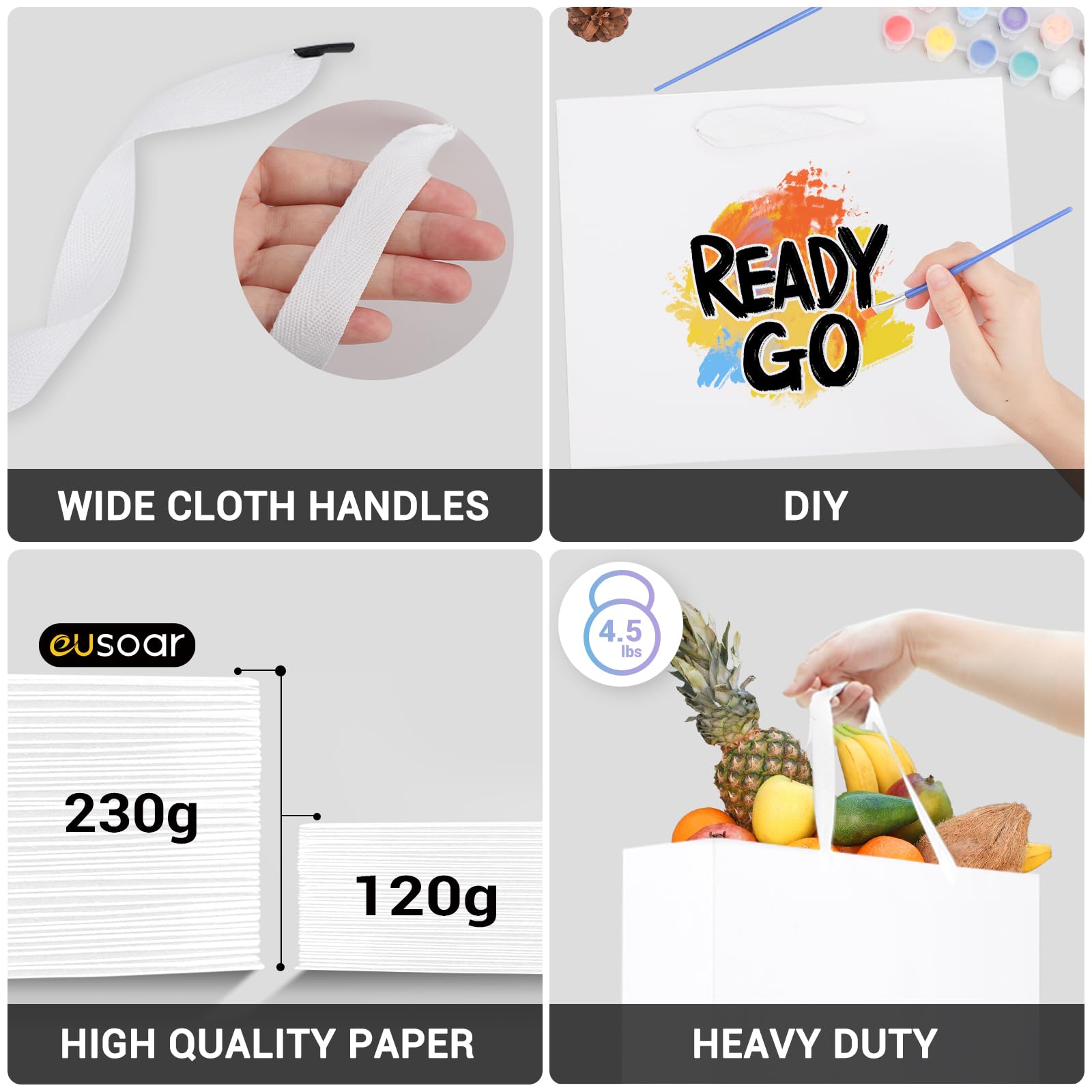 EUSOAR Geschenktüte Weiss - 50 Stück Geschenktasche Weiß mit Henkel S 22x10x18 cm - 230GSM Papiertüte Weiß Klein - Small White Paper Gift Bags - Papiertragetaschen Weiss Hochwertig