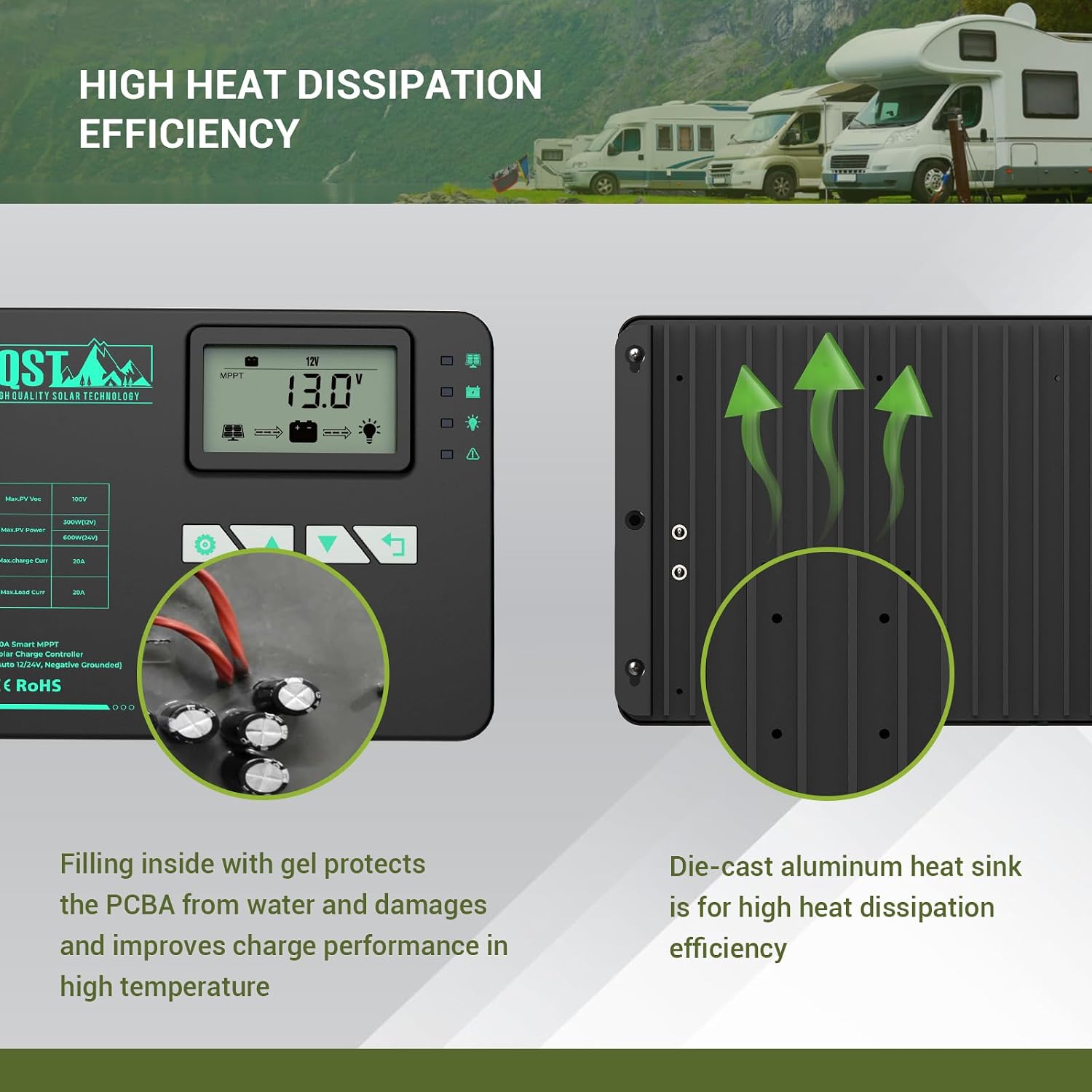 HQST 20 Amp MPPT Solar Charge Controller, Negative Grounded Controller, Bluetooth APP Control, LCD Display, 12V/24V DC Input Solar Panel Regulator for Gel Sealed Flooded and Lithium Battery