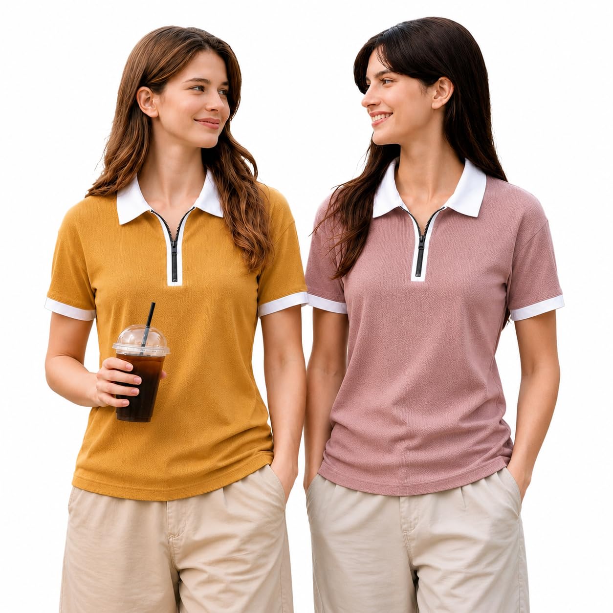 mack jonney Women's Regular Fit Textured Half Zip Polo T-Shirt | Cotton Blend | Collared Neck | Half Sleeve Casual Top (Pack of 2)-MJ-479-picture-31