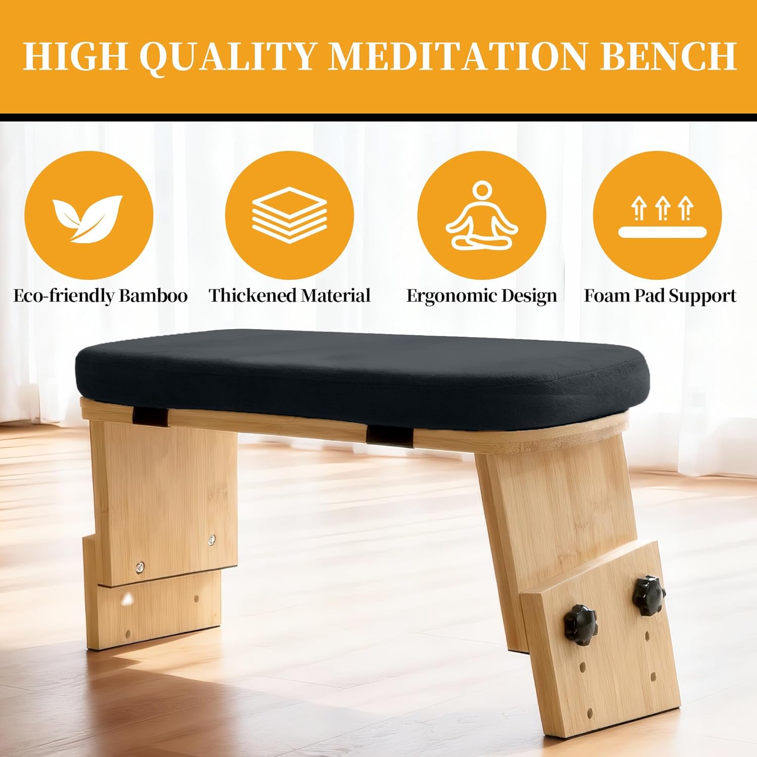 BALAPET Adjustable Height Meditation Bench, Portable Folding Meditation Chair with Velvet Cushion, Ergonomic Meditation Kneeling Stool for Yoga, Mindfulness&Zen Practice(Black)