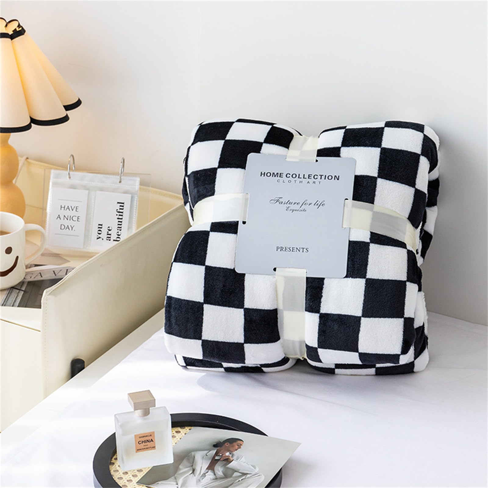Highdi Winter Blankets and Throws for Sofa Beds, Checkerboard Soft Warm Sofa Throw Fluffy Cozy Bed Throws Fleece Throw Blanket for Kids Adults Bedroom Couch Travel (100 * 150CM,Black)