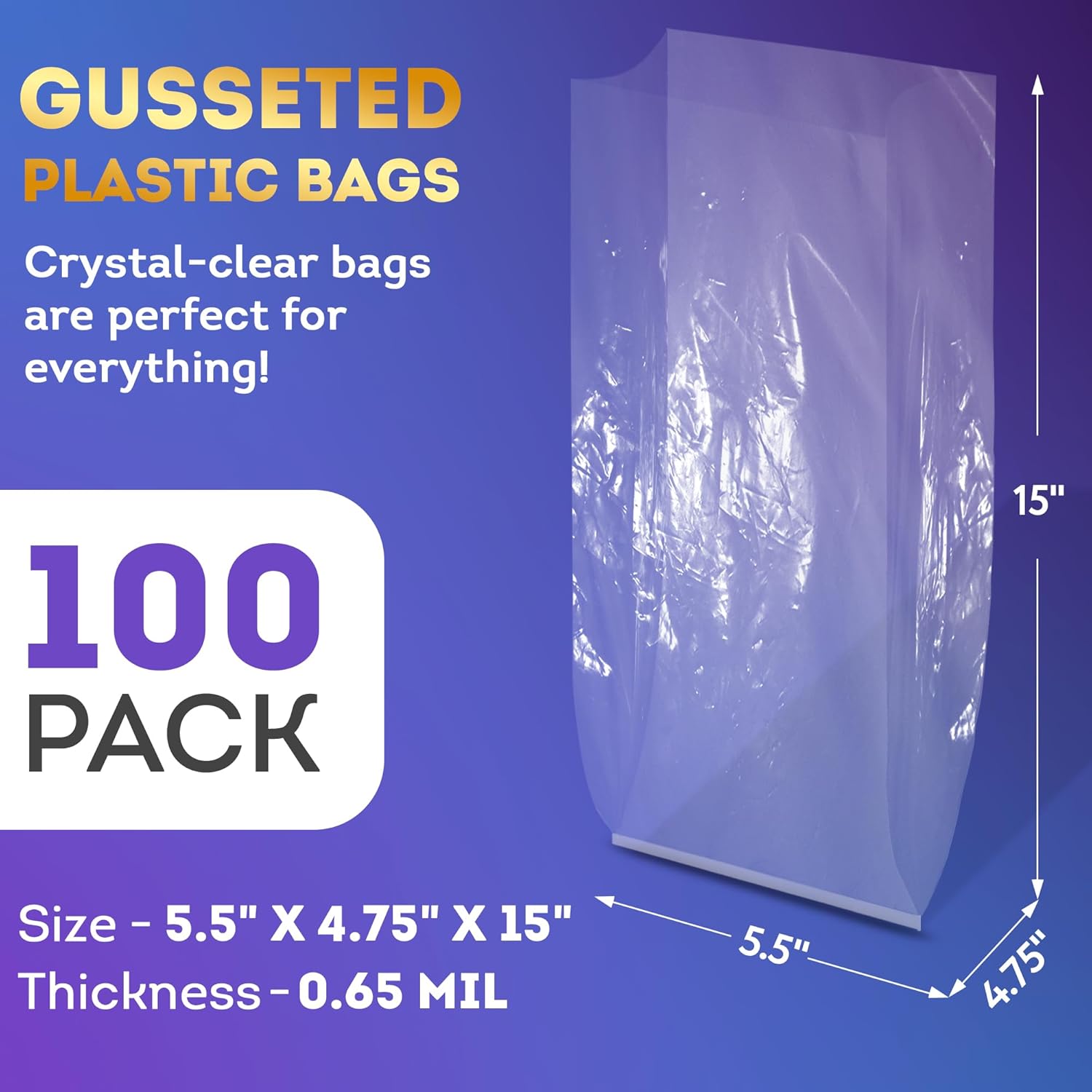 APQ Supply Clear Gusseted Poly Bags, 5.5 x 4.75 x 15 Inch. 100 Pack Plastic Bread Bags for Homemade Bread. Waterproof 0.65 Mil Polyethylene Flat Bottom Bag. Tear-Resistant Clear Baggies with Open Top