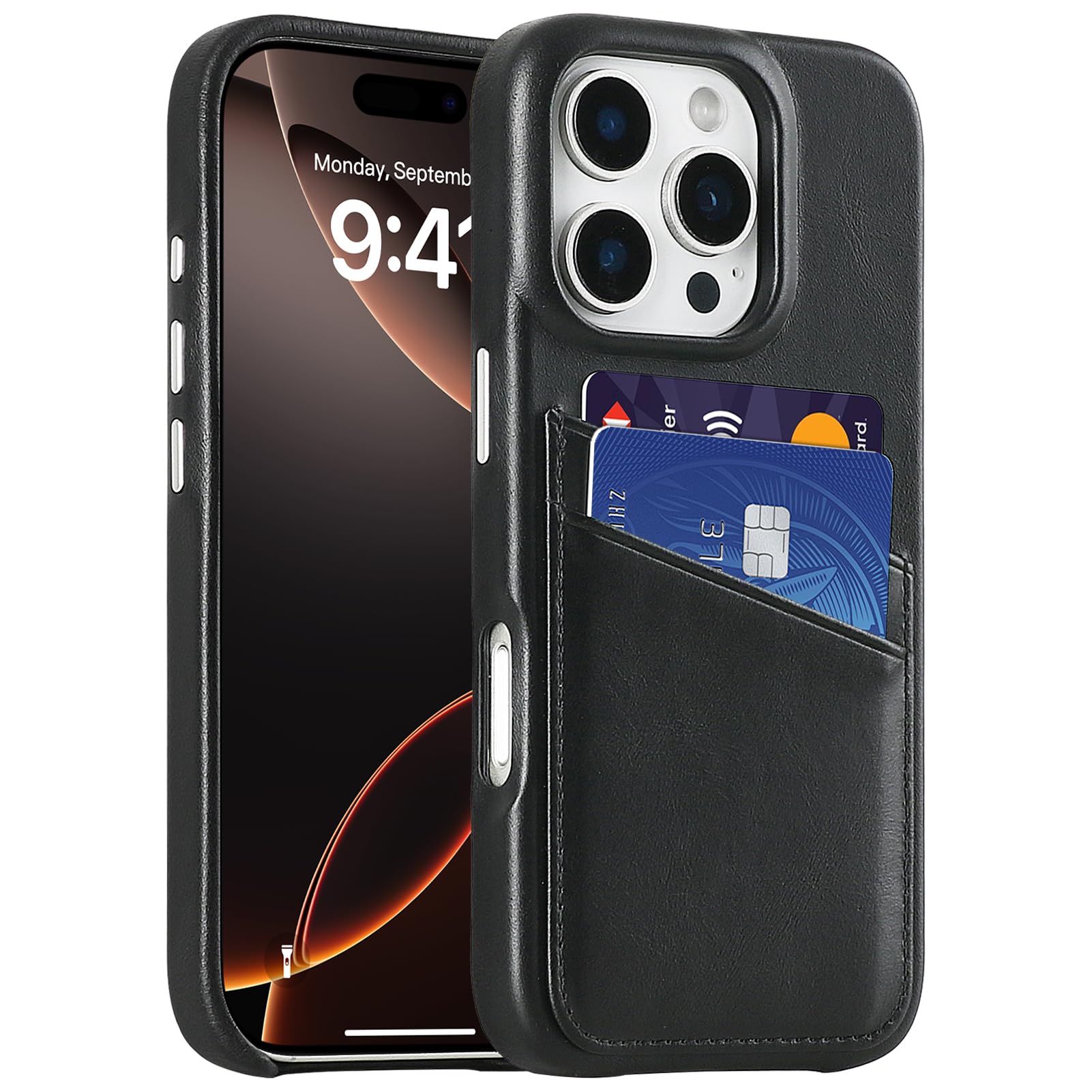 LUCKYCOIN Premium Handcrafted Genuine Leather Phone Case for iPhone 16 Pro,Slim Wallet Phone Case with Card Holder,Metal Buttons,Soft Microfiber