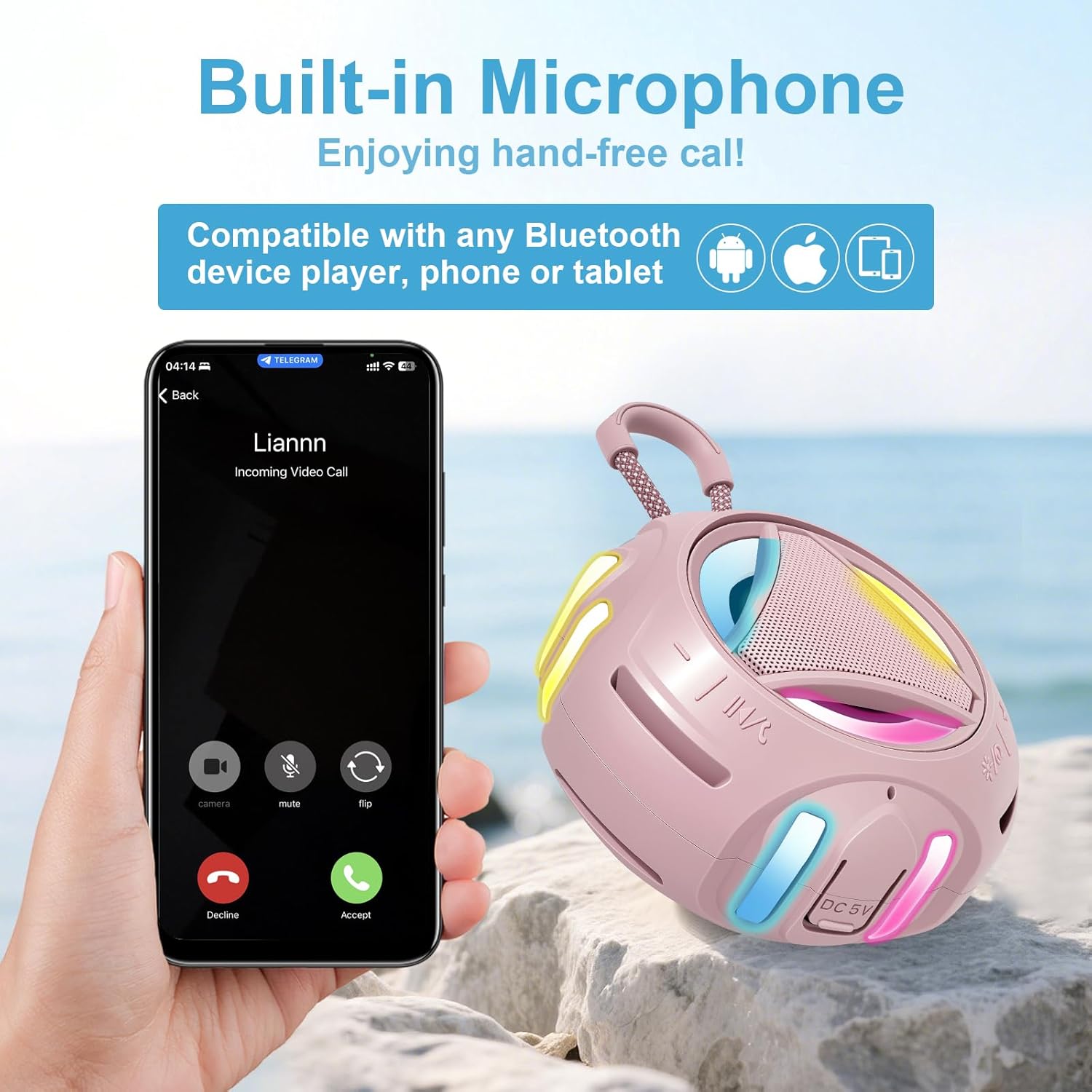 Portable Bluetooth Speaker, IPX7 Waterproof Wireless Outdoor Speakers, Mini Shower Speaker, Floating, Built-in Mic, 24H Playtime with LED Lights,Loud HD Sound, Powerful Bass, Gifts for Unisex - Pink - Image 3