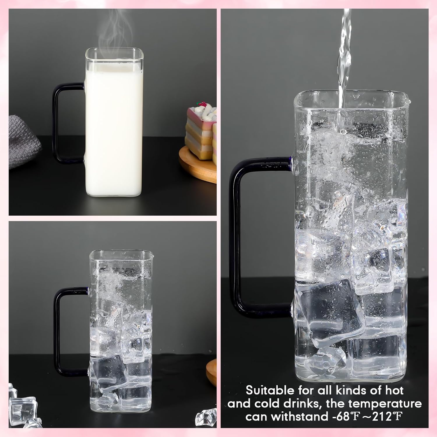 Rtteri 6 Set Square Drinking Glass Cups with Bamboo Lid Straw and Handle Appreciation Gifts for Employee Coworker Portable Coffee Mugs(16 oz, Medium,Clear) - Image 5