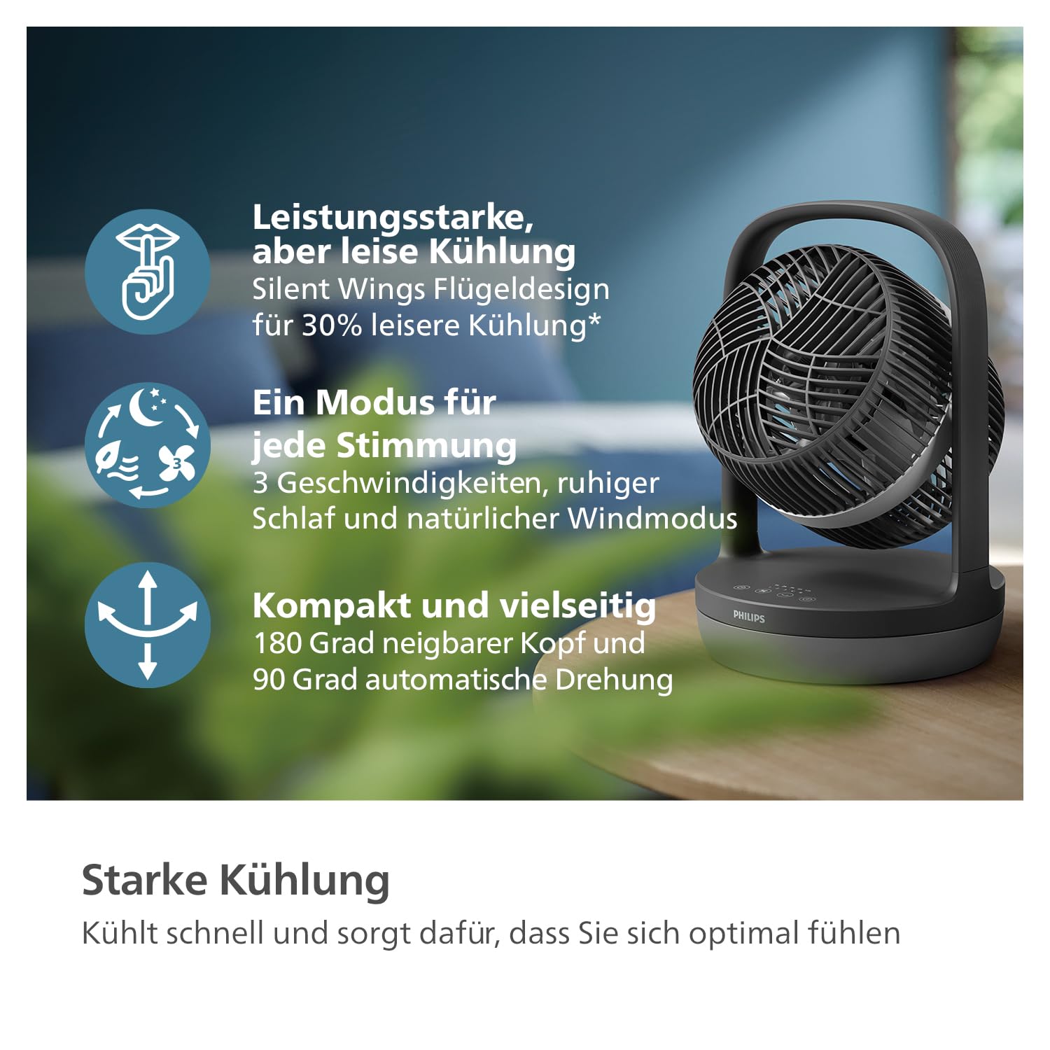 PHILIPS oszillierender Tischventilator Serie 3000, SilentWings-Technologie 23 dB, Neigung 180°, Timer, schwarz CX3050/01