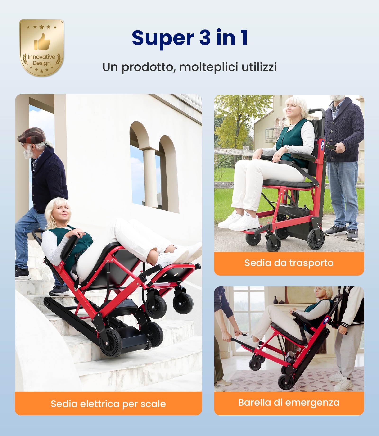 VOCIC AY04 - Scaletta elettrica pieghevole con catena in gomma, per sedie a rotelle fino a 220 kg, sollevamento scale mediche con luce LED per disabili (rosso)