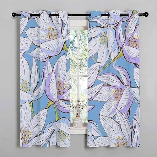 Cortinas para Sala Elegantes Modernas con ojales florales blancos y azules para puertas correderas de vidrio, curvas, 63 pulgadas de ancho por 63