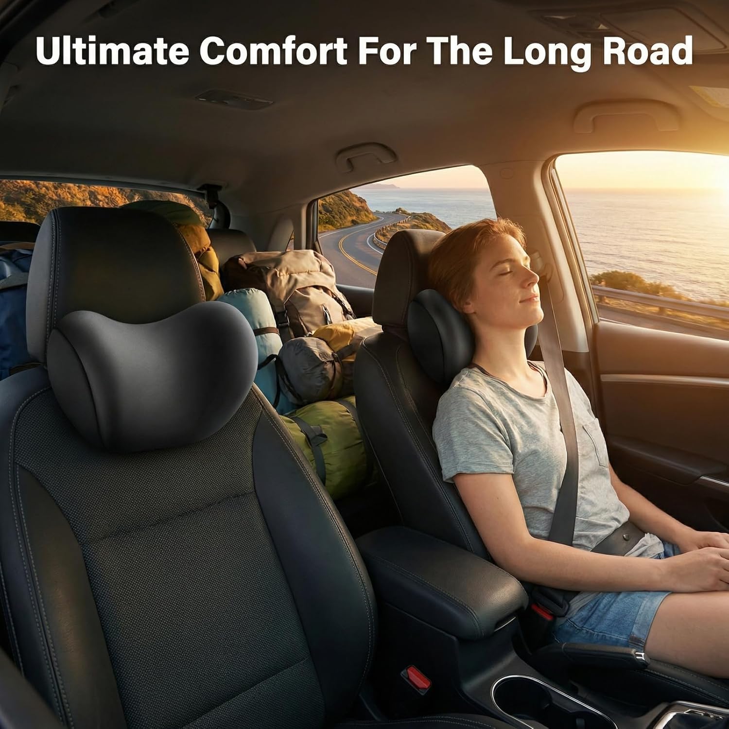 2Pcs Car Neck Pillow, Super Cozy Memory Foam Headrest Pillow with Adjustable Strap & Removable Cover, Ergonomic Support for Driving and Traveling (Black)
