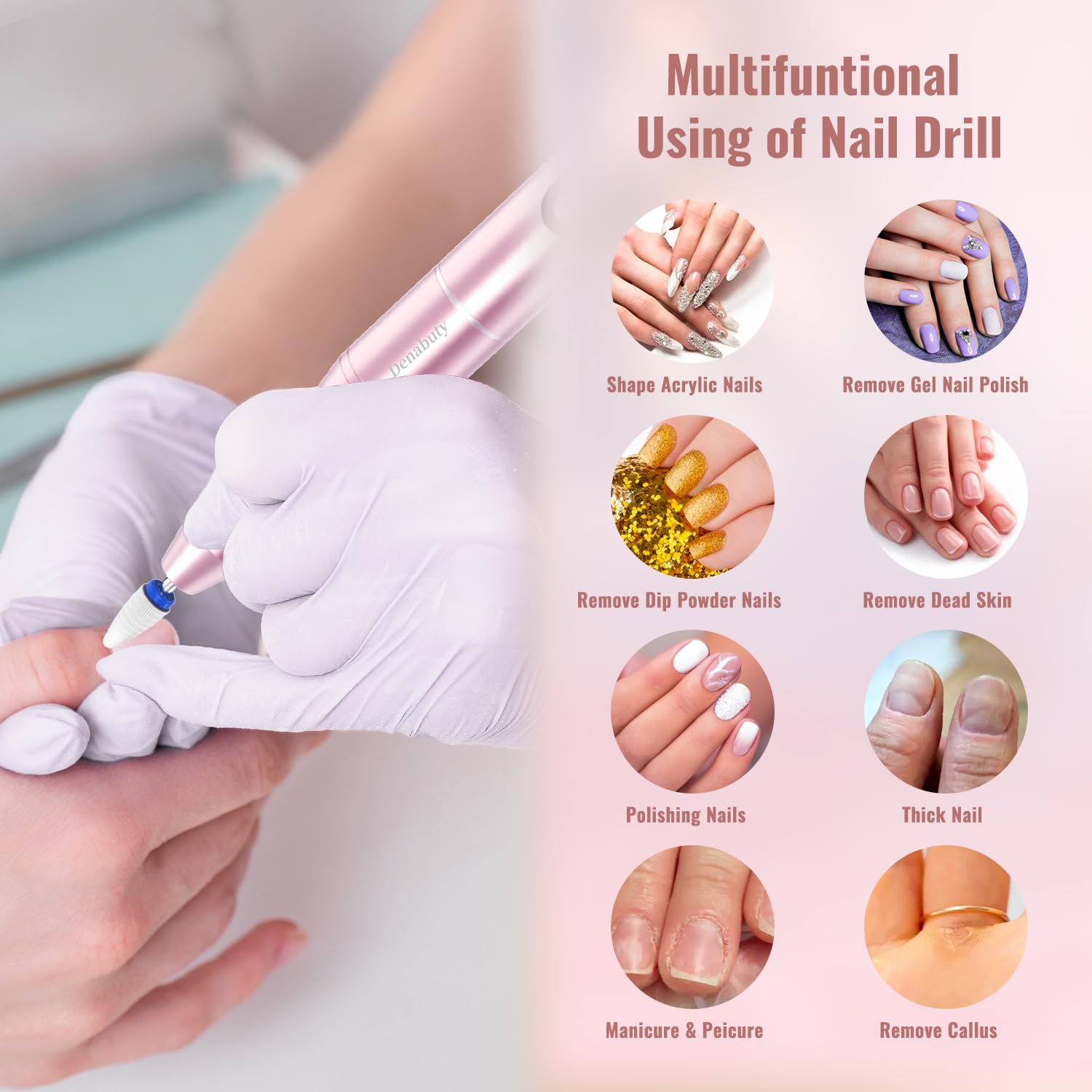 Ponceuse pour Ongles, Lime a Ongle Electrique Sans Fil Avec Lampe UV Et Écran LED & Support, Ponceuse à Ongles Professionnelle 35000 tr/min Manucure et Pédicure Kit Vitesse Reglable Rose