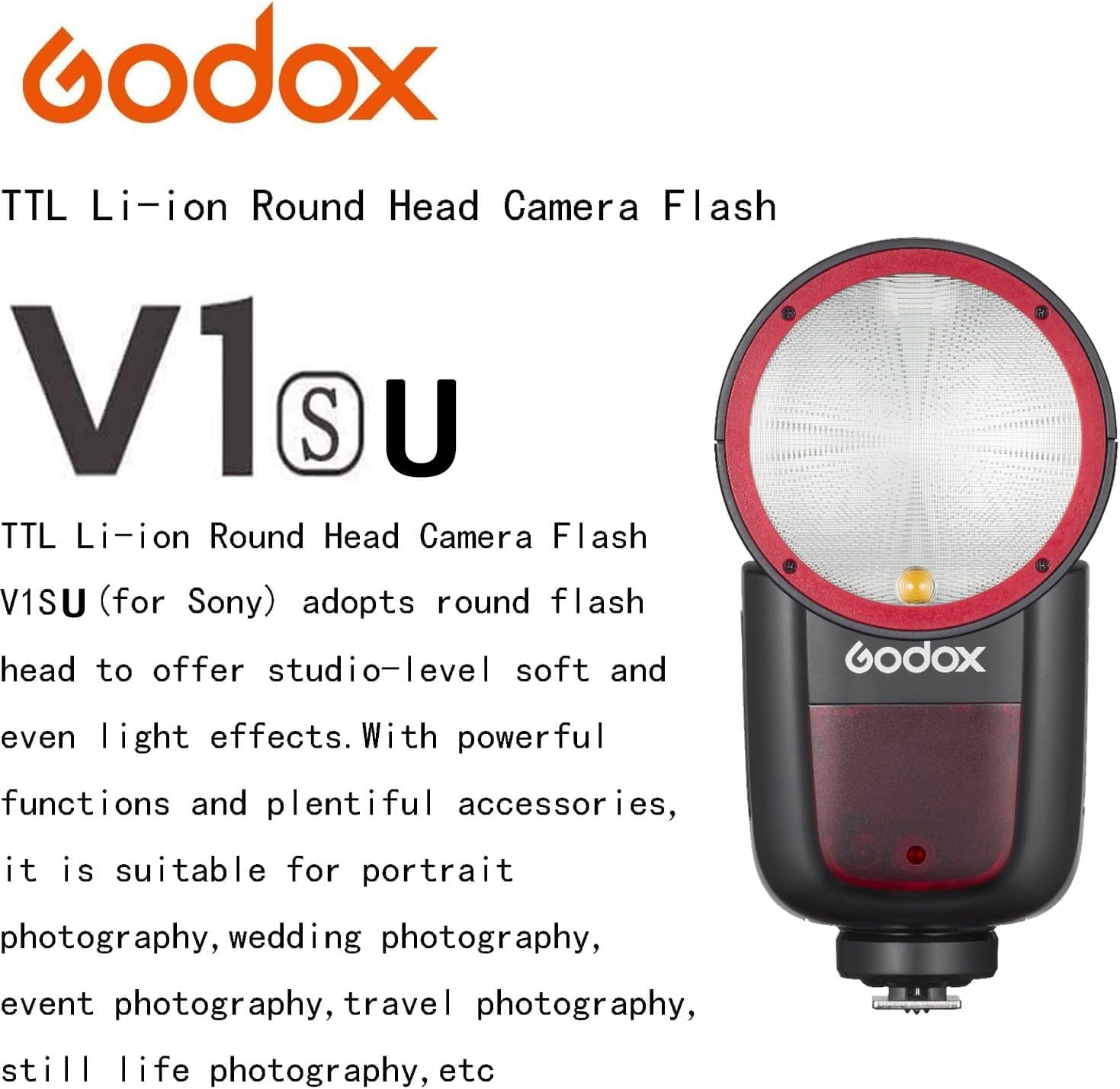 Godox V1 V1-S V1S Camera Flash for Sony Flash Speedlight Speedlite,76Ws 2.4G TTL1/8000 HSS,480 Full Power Shots,1.5s Recycle Time,7.2V/2600mAh Li-ion Battery,10 Levels LED Modeling Lamp(USA Version)