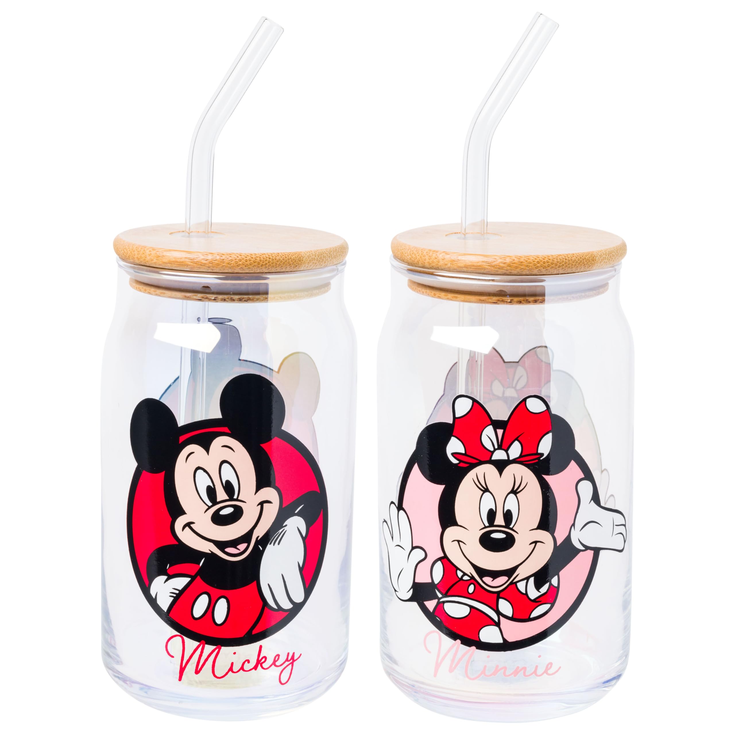 Silver Buffalo Mickey & Minnie Iridescent Glass Tumbler Set - 2pk 16oz With Bamboo Lid & Straw