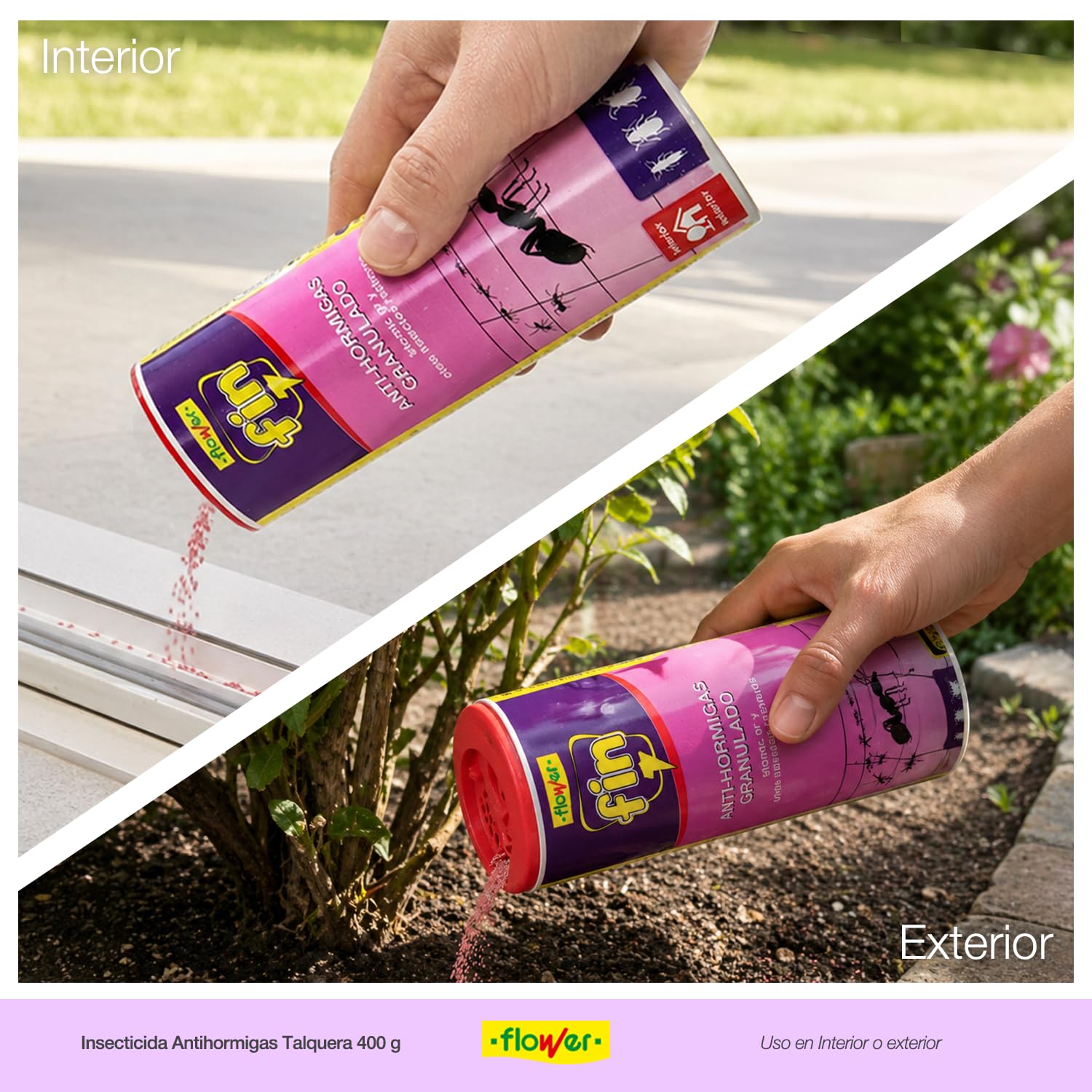 Flower - Insecticida Antihormigas Talquera 400 g | Antihormigas Granulado | Gran Eficacia | Control de Hormigas e Insectos Rastreros | Interior y Exterior | Fácil Aplicación | Listo para Usar