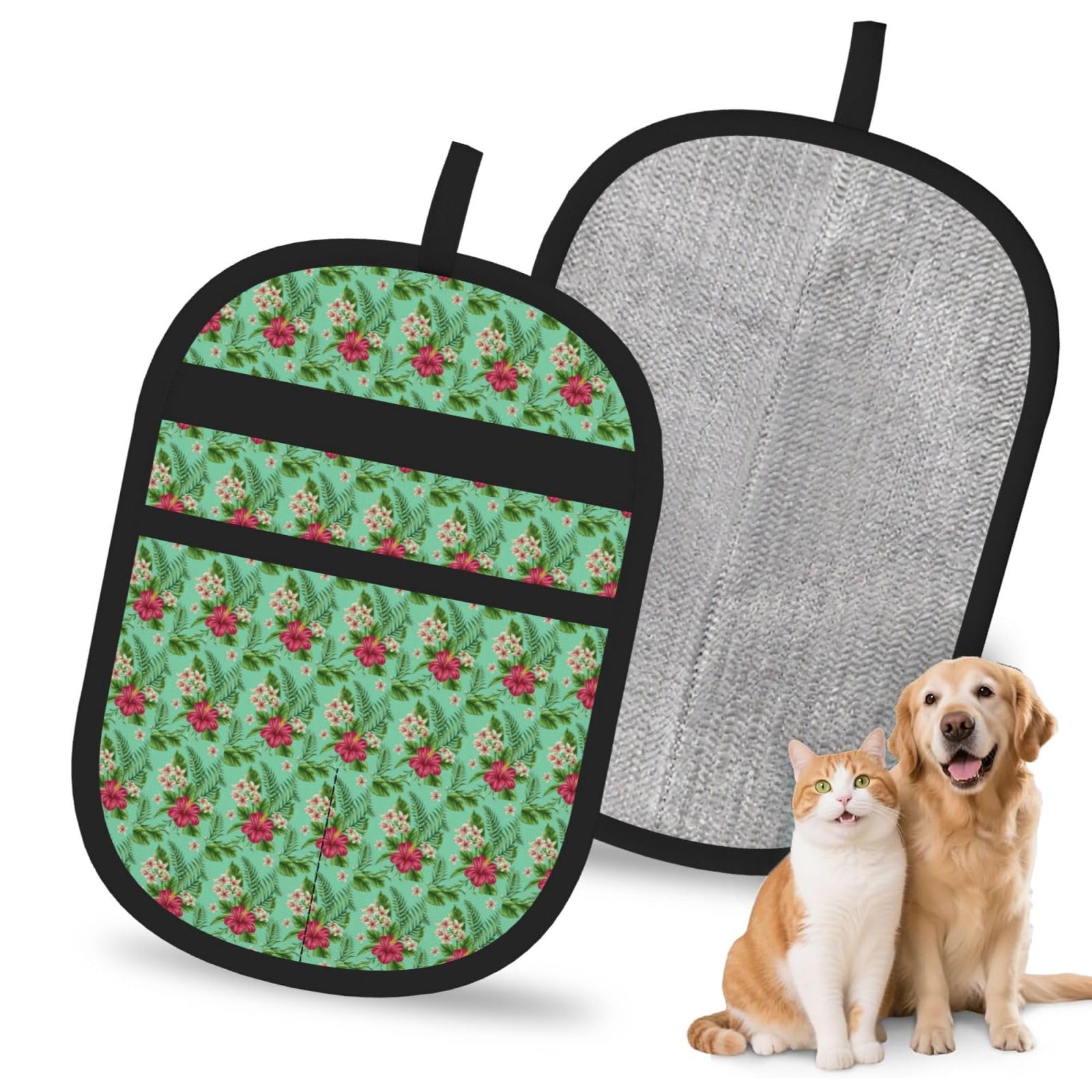 Hawaiian Tropical Leaves Flowers Print Pet Hair Remover Gloves Grooming Cleaning Accessory Reusable Deshedding Tool