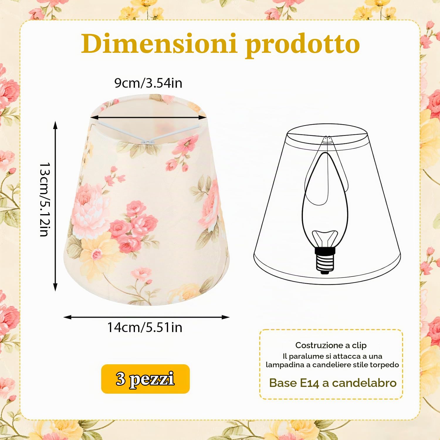 3 Pezzi Paralume in Tessuto, 9 x 14 x 13cm Paralume Abat Jour, Cono Paralumes Fatto a Mano Tessuto con Motivo Floreale Clip su Paraluma per Lampades da Tavolo Lampadario Lampada da Terra Retrò