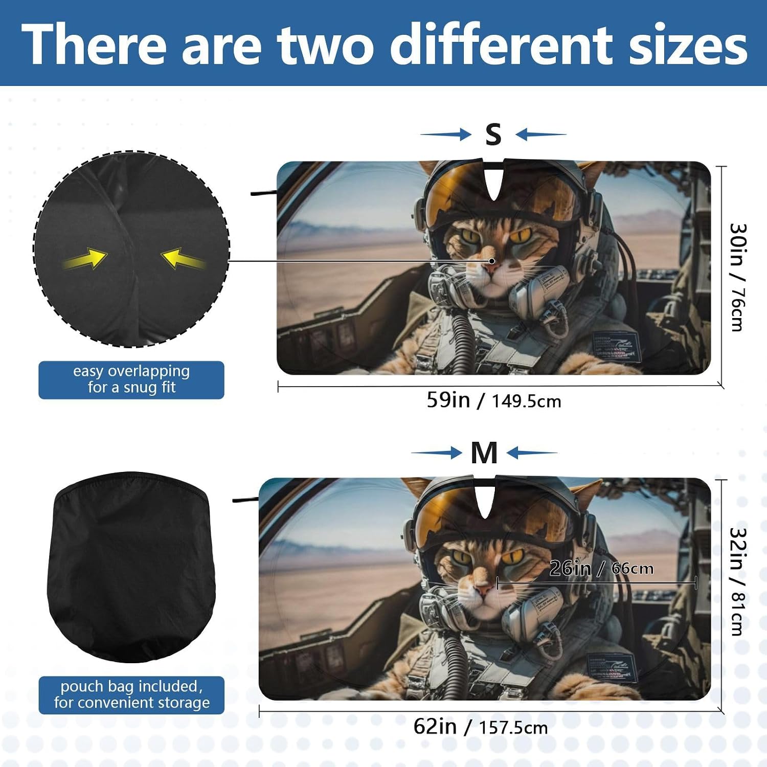 Vnurnrn Car Sun Visor Cat Pilot Print, Steel Ring Folding Windshield Sun Shade Foldable UV Blocking Heat Insulation Shading for Sedan SUV Truck Front and Rear