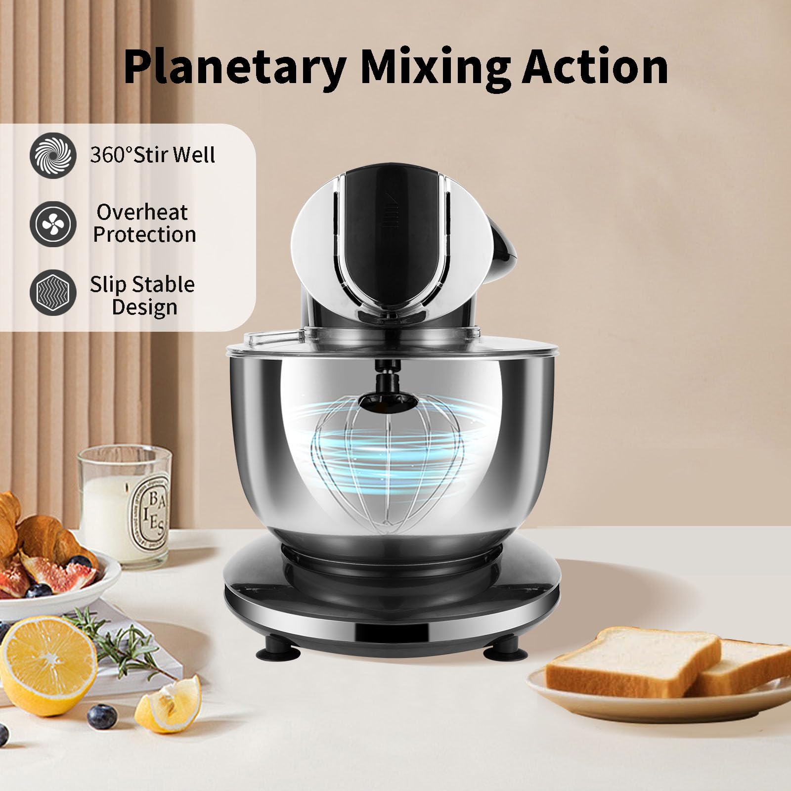 Batidora de pie, 8.5QT + 6QT, dos cuencos de acero inoxidable, mezclador eléctrico de alimentos, 7 en 1, mezclador de cocina multifuncional con gancho para masa, batidor, batidor, molinillo de 5