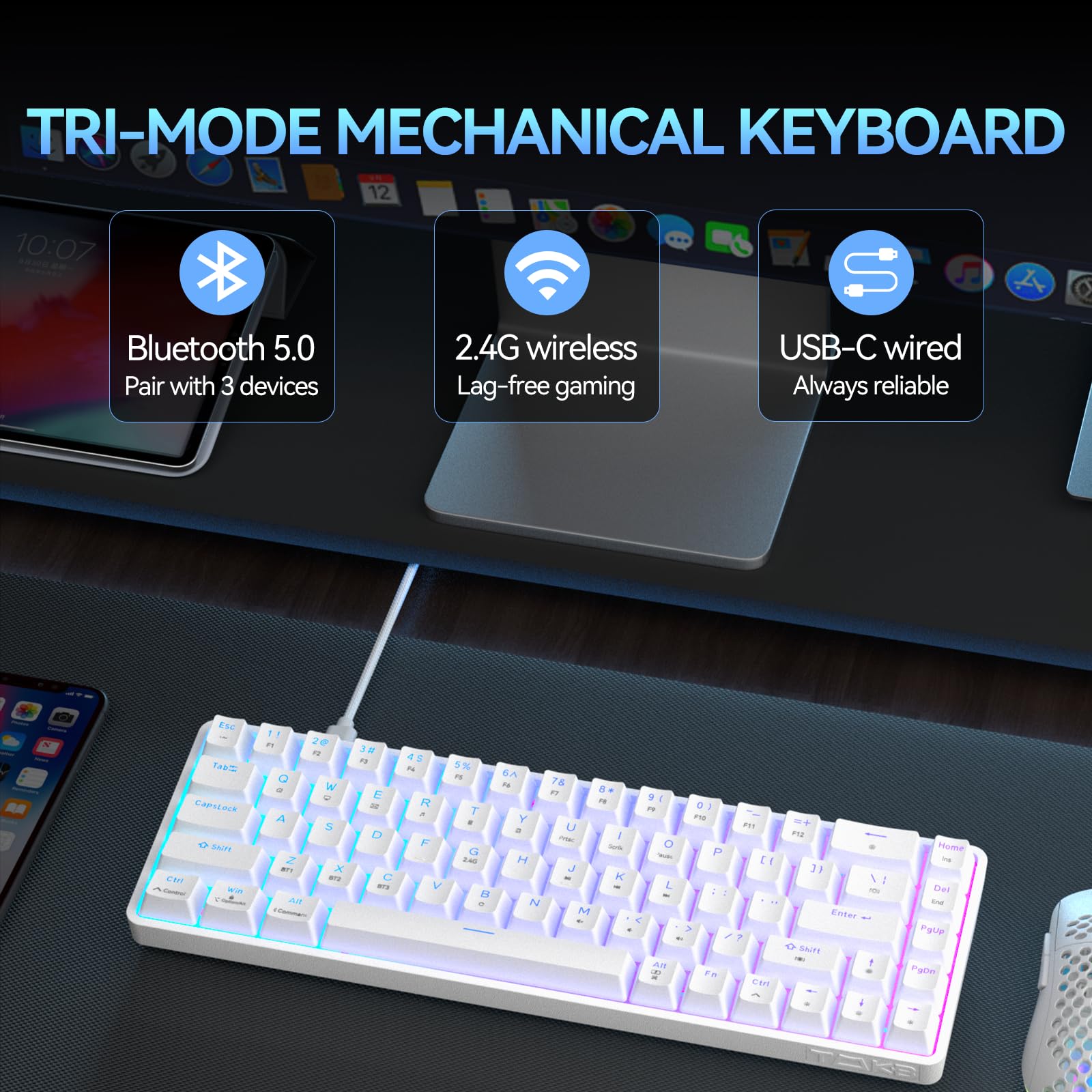 TMKB T68 Kabellose Mechanische Gaming-Tastatur, Tri-Mode (Bluetooth 5.0/2.4GHz/USB-C), 60% RGB Tastatur mit 68 Tasten (QWERTY Layout), Red Switches - Weiß