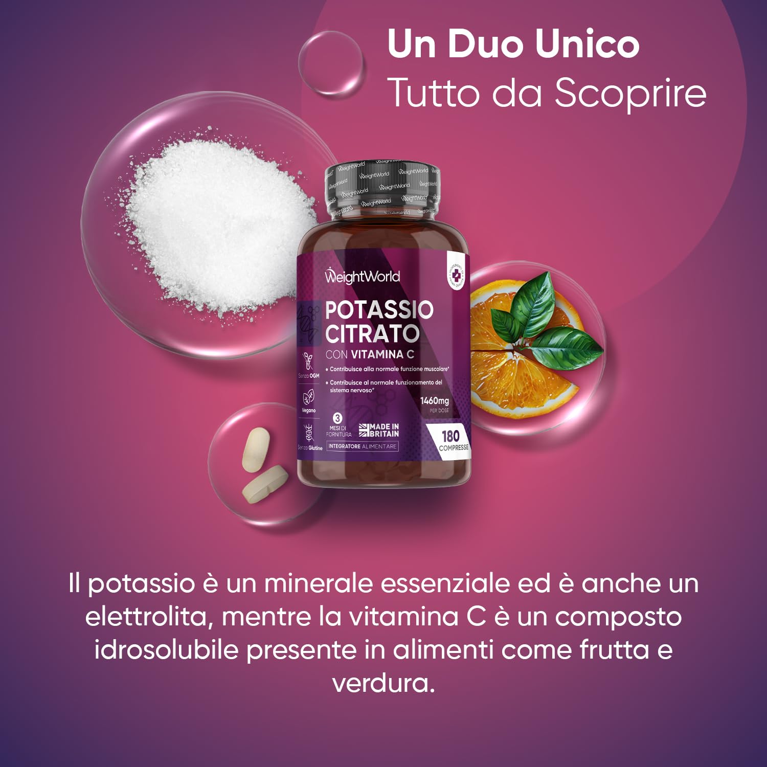 Magnesio Biglicinato e Potassio Citrato Bundle, 180 Capsule + 180 Compresse, 1422mg di Magnesio Glicinato con Vitamina B6, 1460mg di Potassio Integratore con Vitamina C, Vegano, Senza OGM