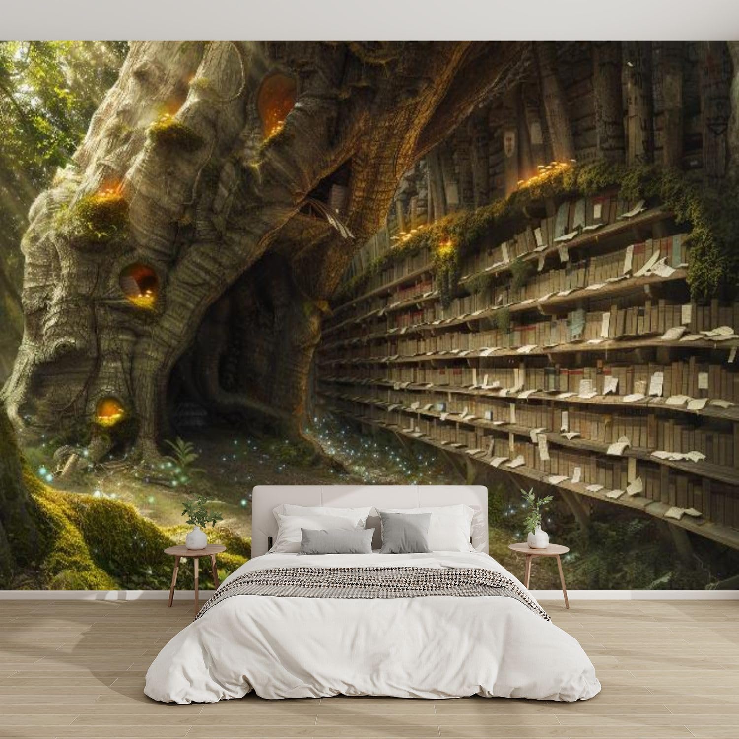 3D Modern Canvas Wallpaper Mural Oak Tree Bookcase Antique Tomes Relics Peel and Stick Removable Self Adhesive Wall Stickers for Living Room Kids Bedroom Home Decor, 100x144inch