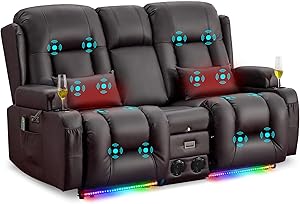 URRED Power Loveseat Recliner Sofa with Massage and Heat, Wall Hugger Reclining Loveseat with Console, RV Couch Home Theater Seating with LED Lights for Living Room (Dark Brown, 67