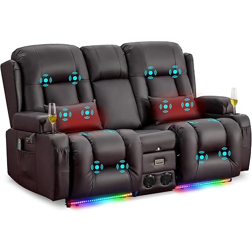 URRED Power Loveseat Recliner Sofa with Massage and Heat, Wall Hugger Reclining Loveseat with Console, RV Couch Home Theater Seating with LED Lights for Living Room (Dark Brown, 67" - 2 Seats) | Zero Gravity Recline, Full-Body Vibration, Lumbar Heating, USB Charging Ports, Cup Holders, Storage