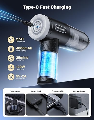 Miniatura 3 de Aspiradora portátil inalámbrica para automóvil, 9000 Pa, mini aspiradora de mano de alta potencia con la mejor succión, aspirador de aire 4 en 1,