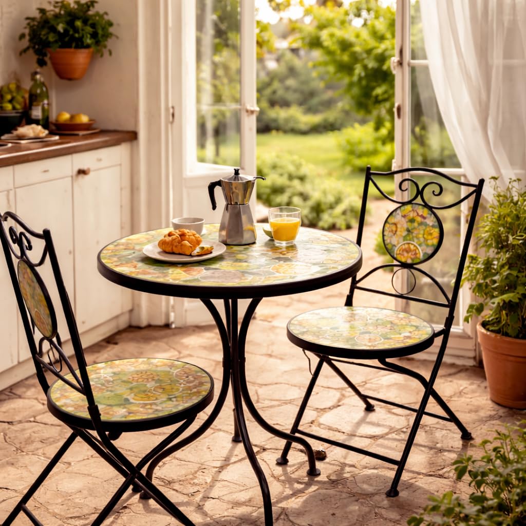Set Tavolo e 2 Sedie Pieghevoli da Giardino in Metallo con Mosaico, Set 3 Pezzi Tondo per Balcone Terrazzo Bistro (Giallo)