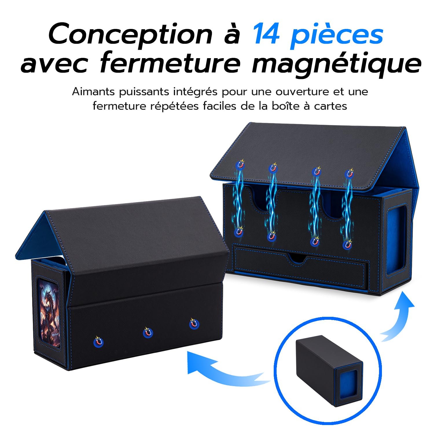 Boîte à Cartes Double Couche pour MTG, avec Tiroir pour Dés, 2 Fenêtres D'affichage Latérale, Magnetic Deck Box Contenir à 300+ Cartes pour Commander TCG Cartes à Collectionner - Bleu Noir