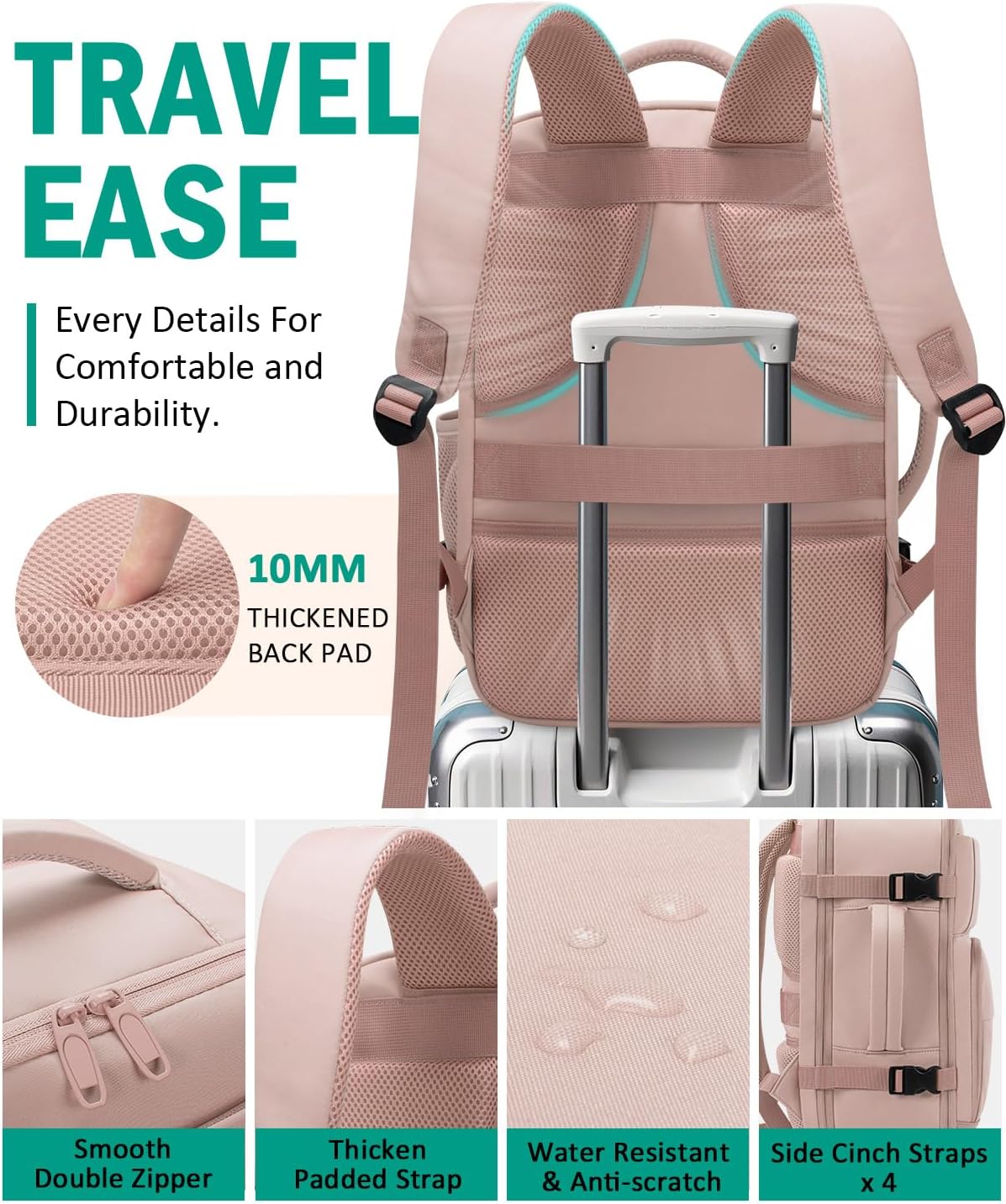 Tuwubi Travel Backpack For Women, Carry On Backpack for Men Flight Approved Airline Personal Item Travel Bag TSA Business 15.6 in Laptop Mochila, Travels Essentials Bookbag for Work Weekender (Pink) - Image 4