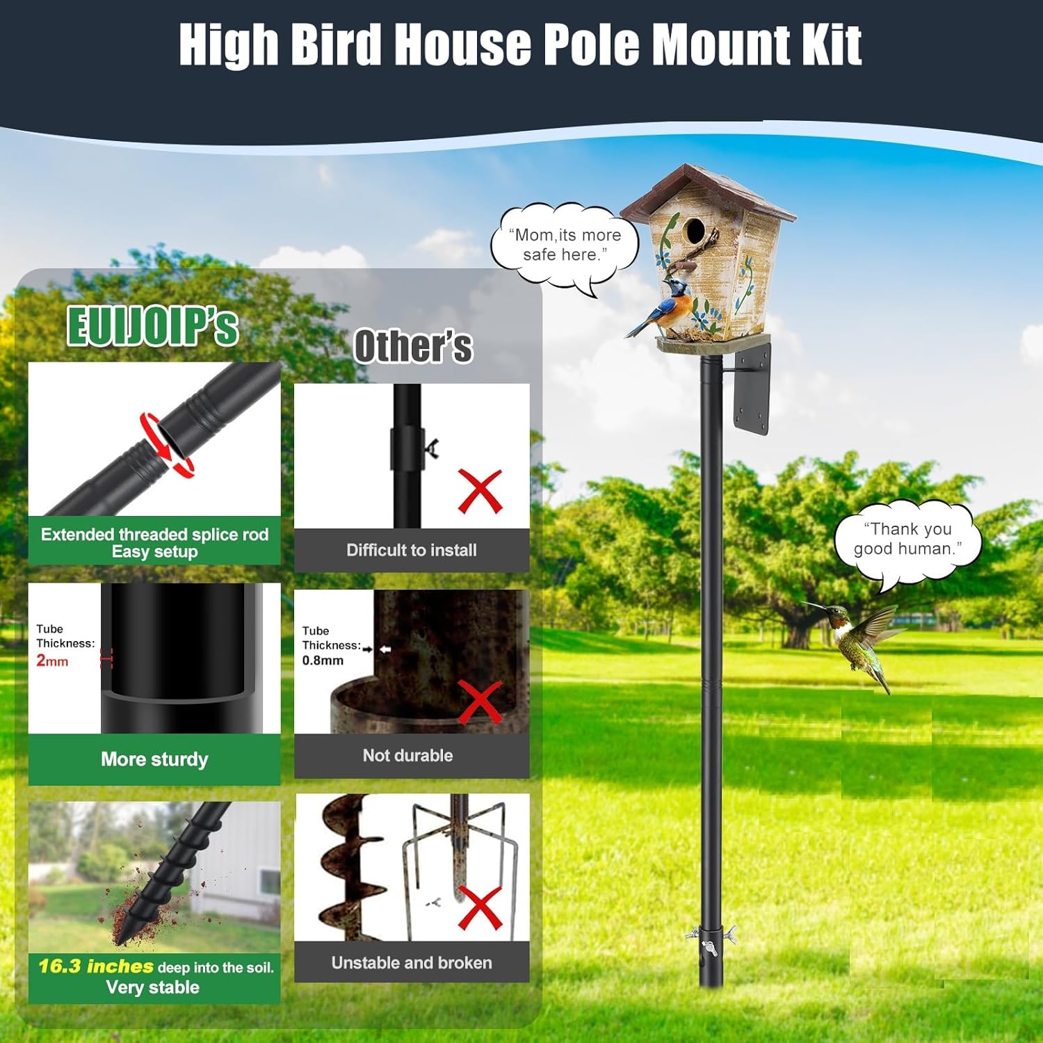 Bird House Pole, 60" Adjustable Bird Feeder Pole with Stand Stake, Heavy Duty 1.2 Inch Diameter Metal Bird Mounting Pole for Yard Garden Outdoors Park, Bluebird, Hummingbird, Black